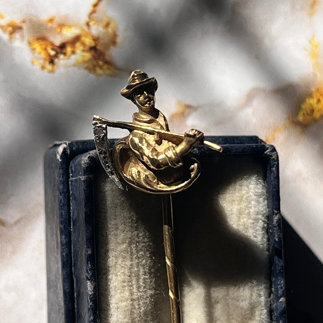 Vintage 18K Yellow Gold “Gold Digger” Diamond stick Pin