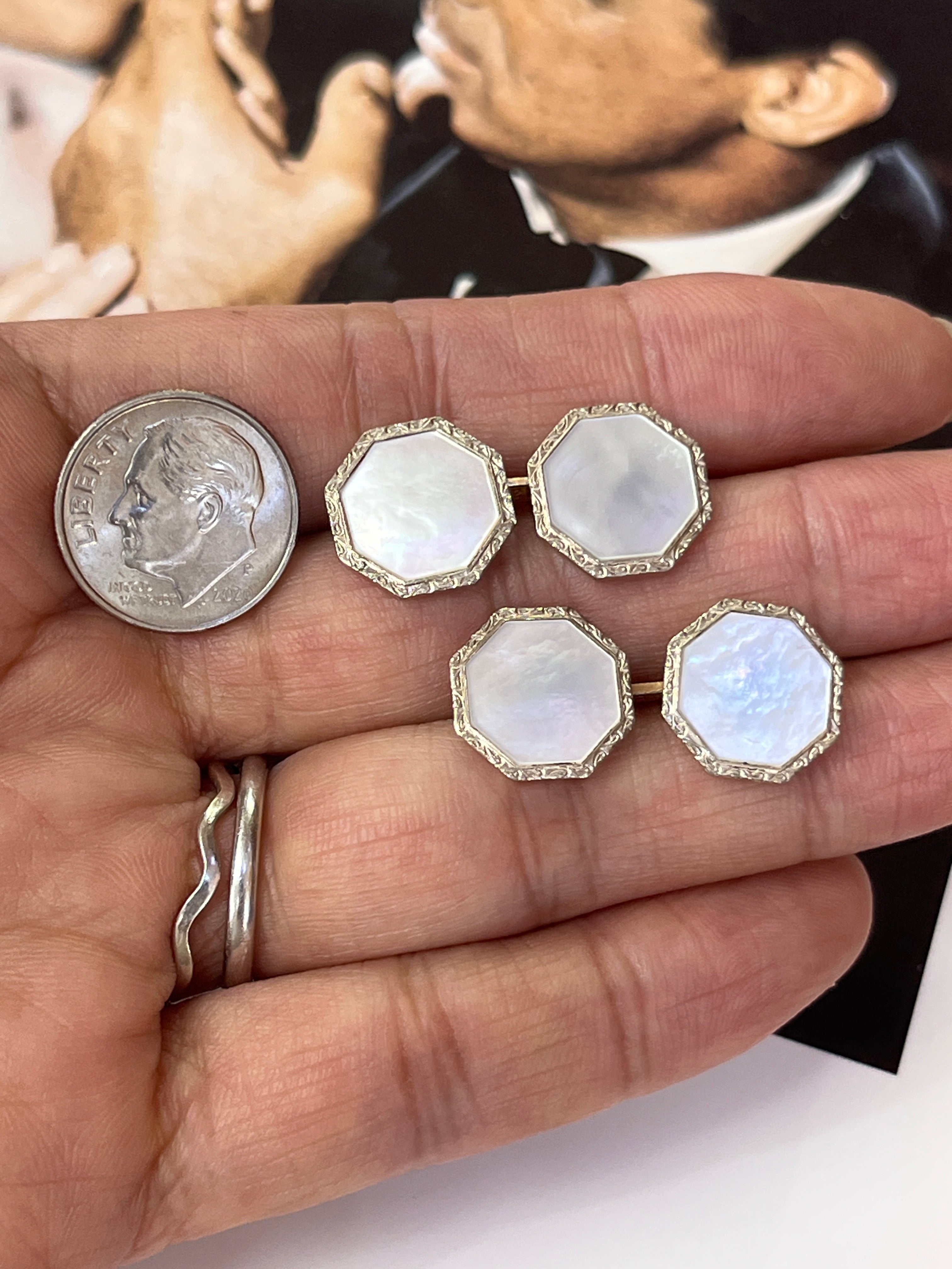 Art Deco Style Mother Of Pearl Metal Cufflinks