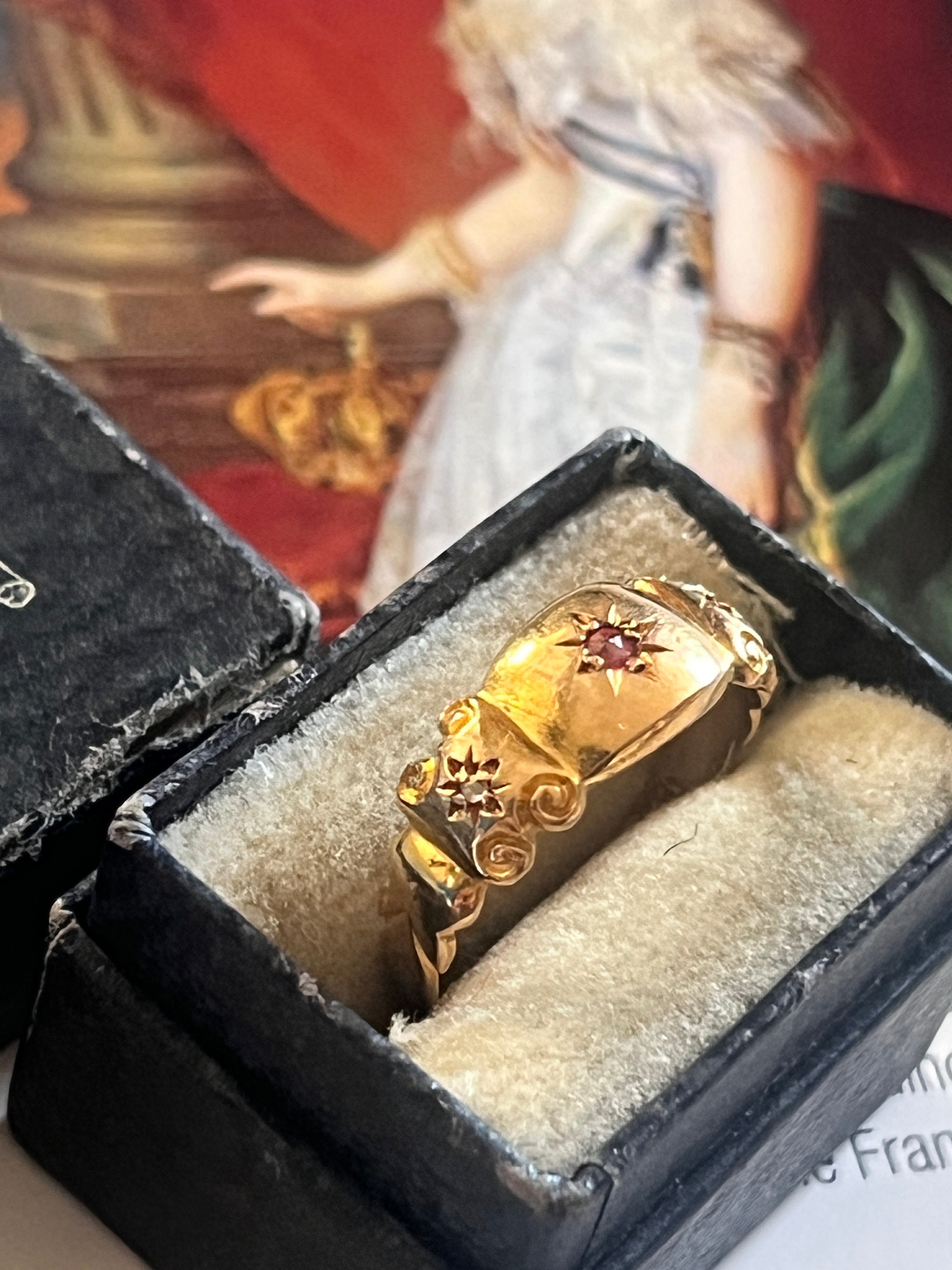 English Victorian 15K Yellow Gold Tourmaline & Diamond Band