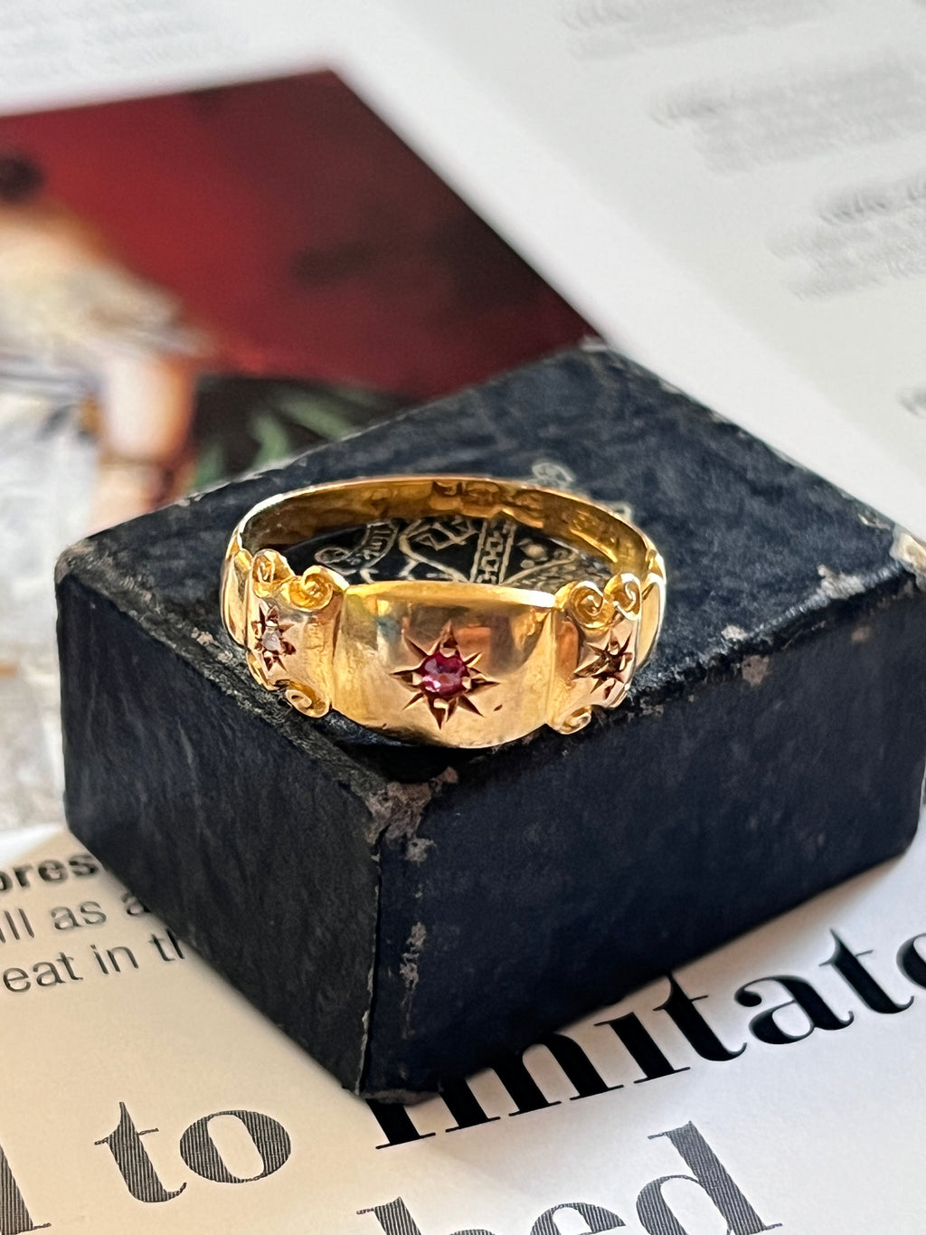 English Victorian 15K Yellow Gold Tourmaline & Diamond Band