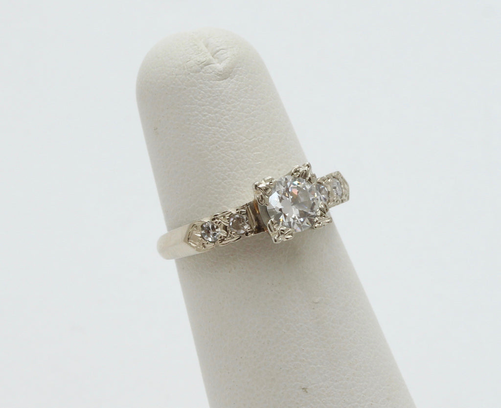 Art Deco Ladies .8 Carat Diamond 14K White Gold Engagement Ring