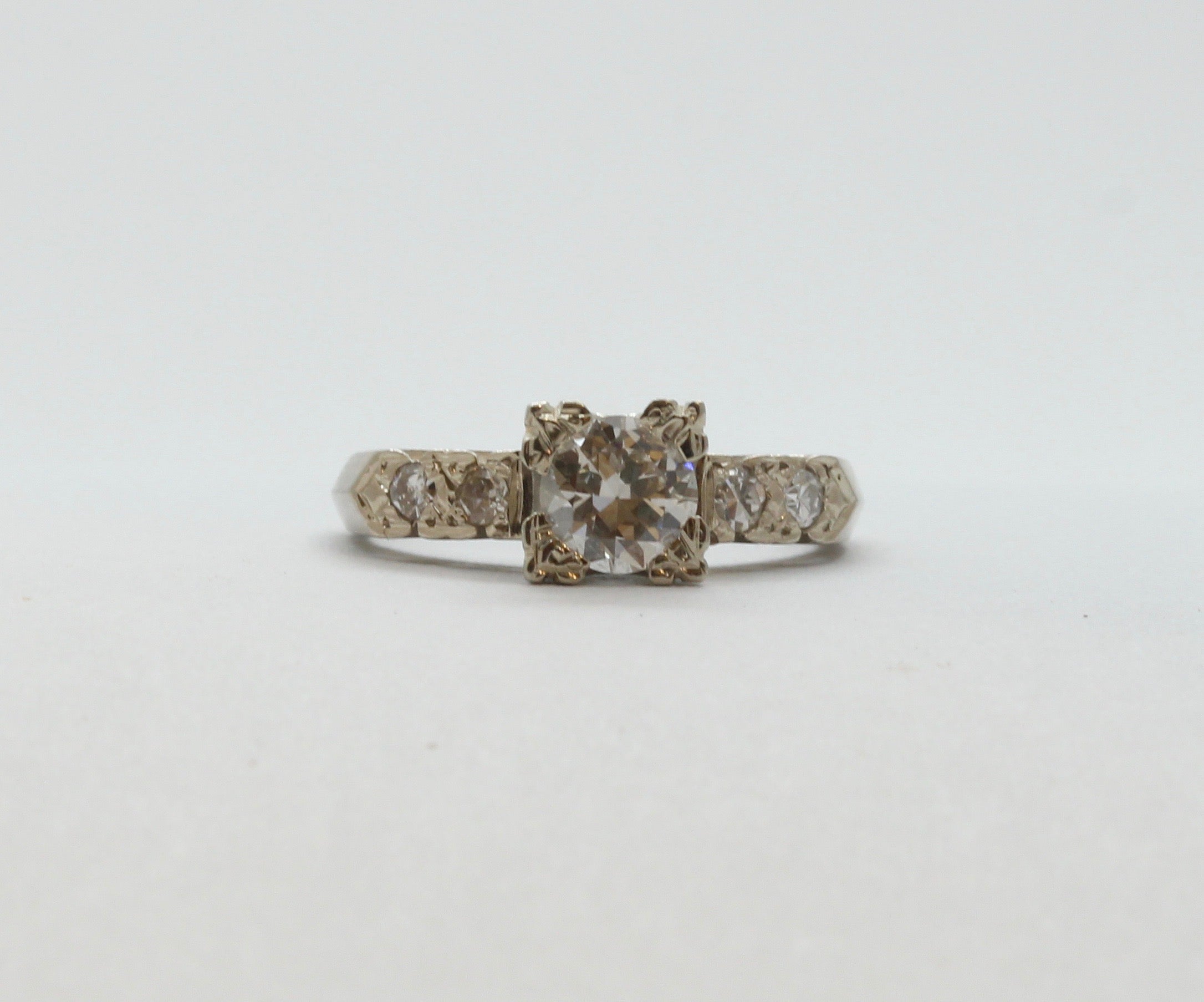 Art Deco Ladies .8 Carat Diamond 14K White Gold Engagement Ring