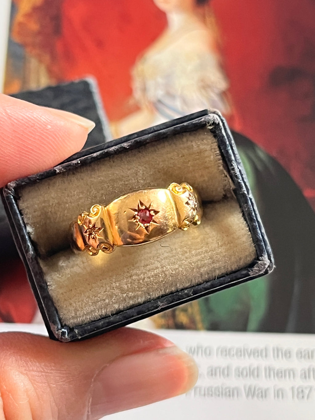 English Victorian 15K Yellow Gold Tourmaline & Diamond Band