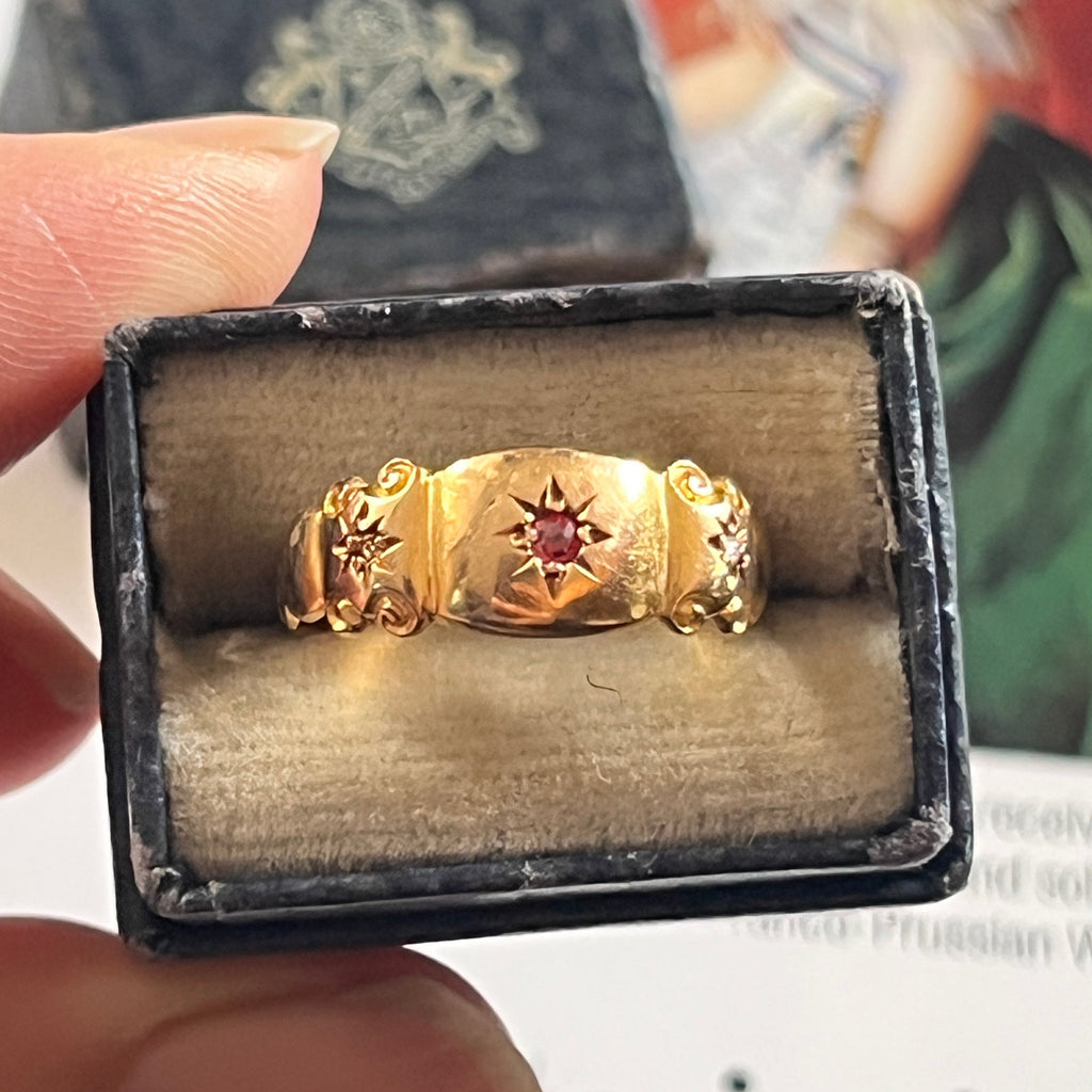 English Victorian 15K Yellow Gold Tourmaline & Diamond Band
