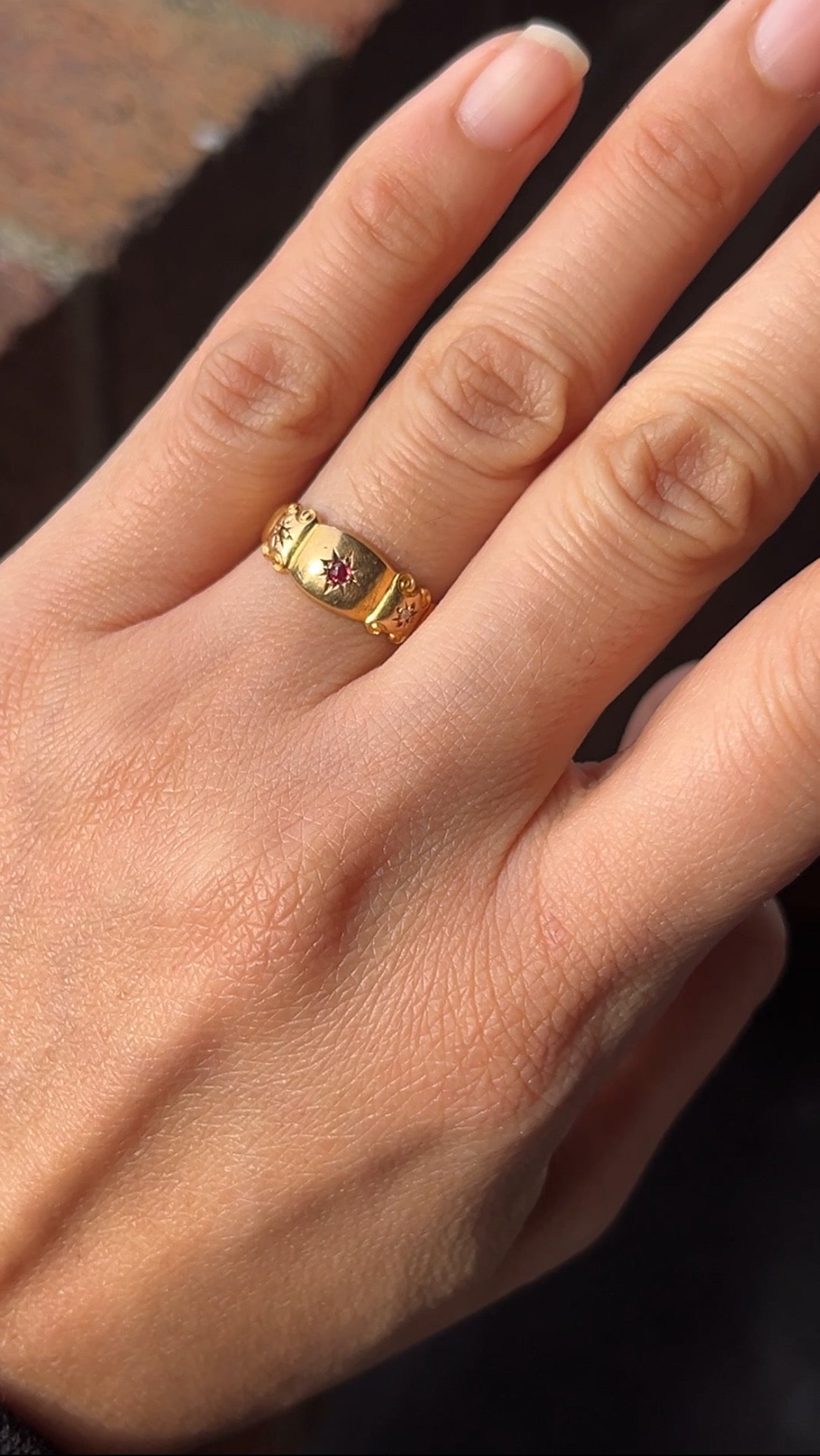 English Victorian 15K Yellow Gold Tourmaline & Diamond Band