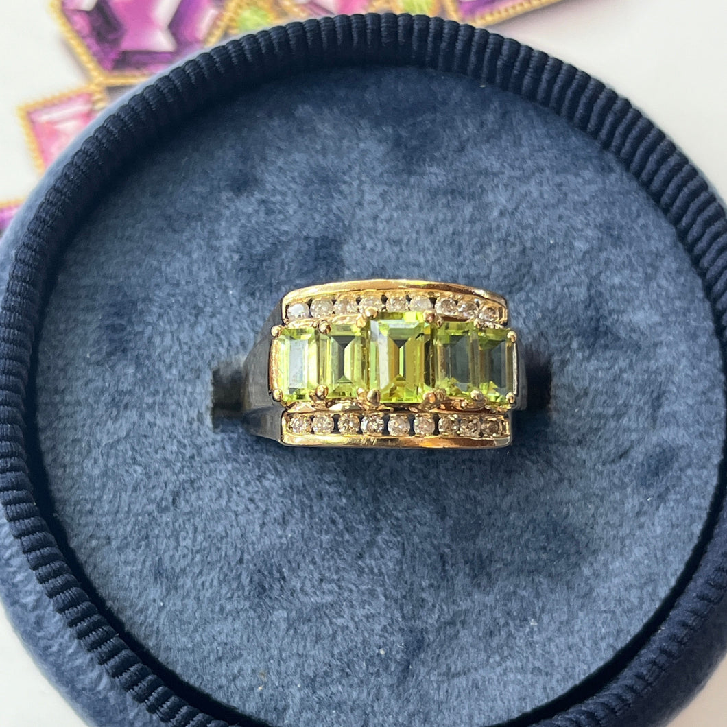 Vintage 14K Yellow Gold Peridot & DIamond Ring, Statement Ring