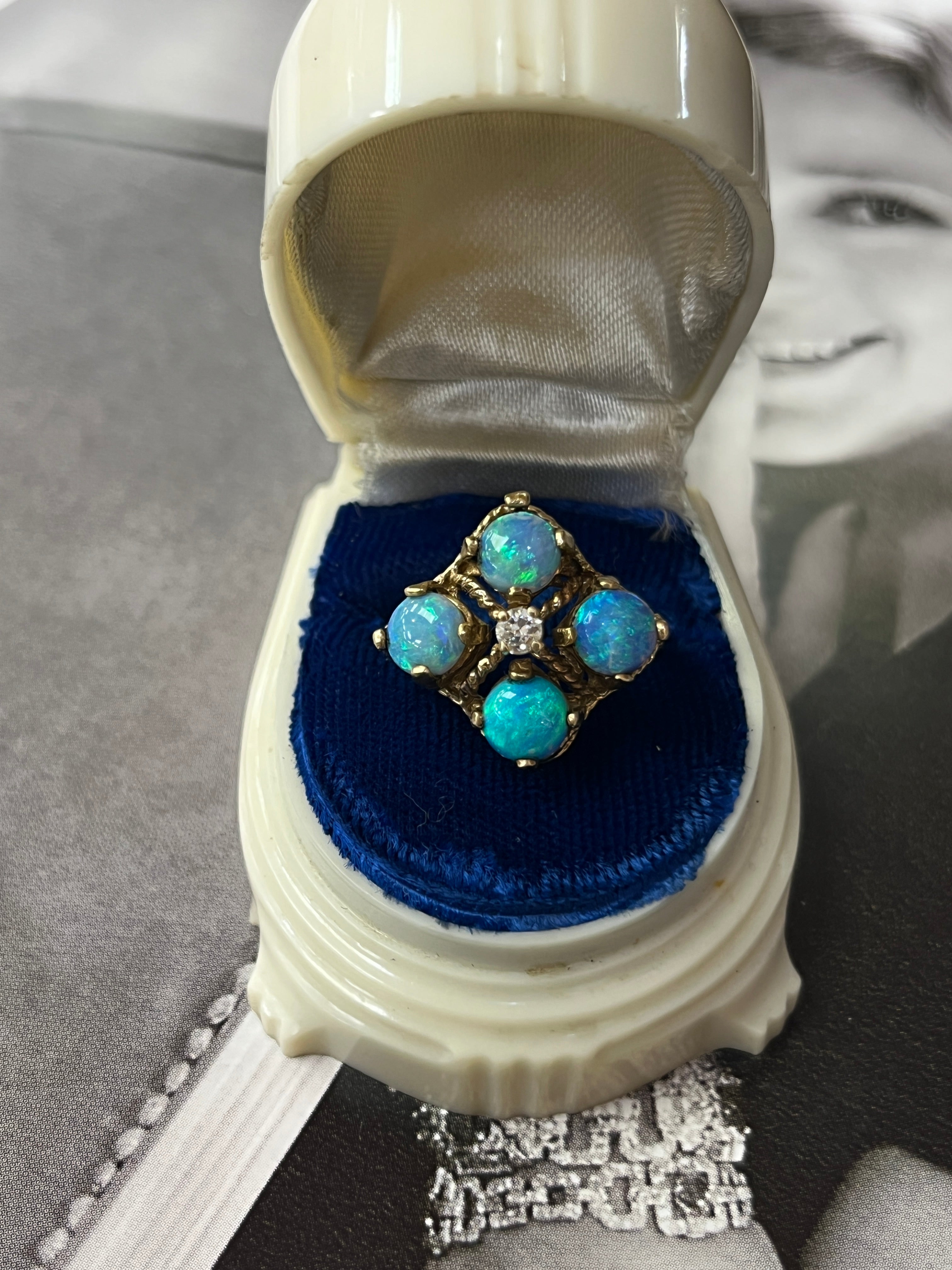 Vintage 14K Yellow Gold Australian Opal & Diamond Ring