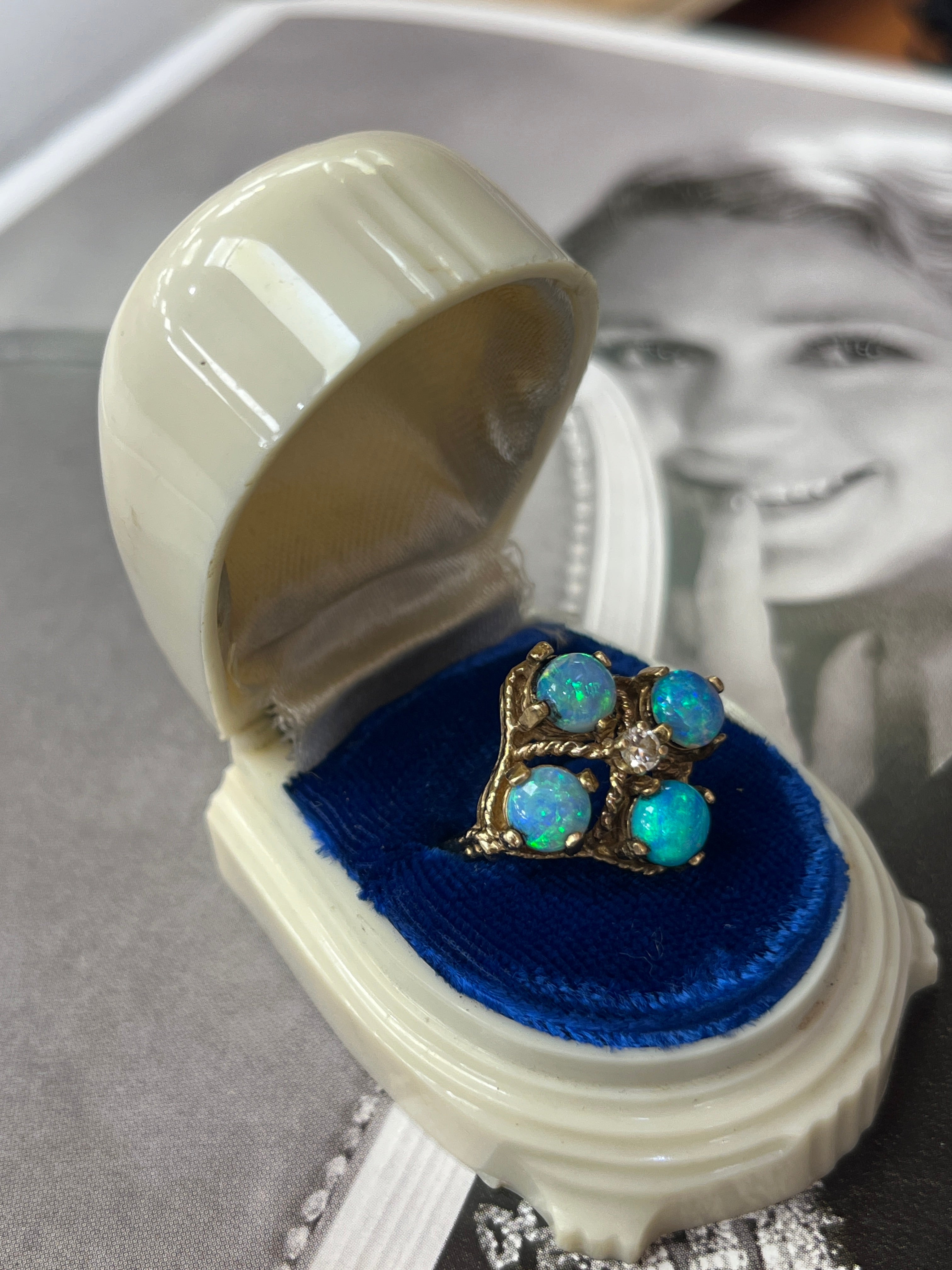 Vintage 14K Yellow Gold Australian Opal & Diamond Ring