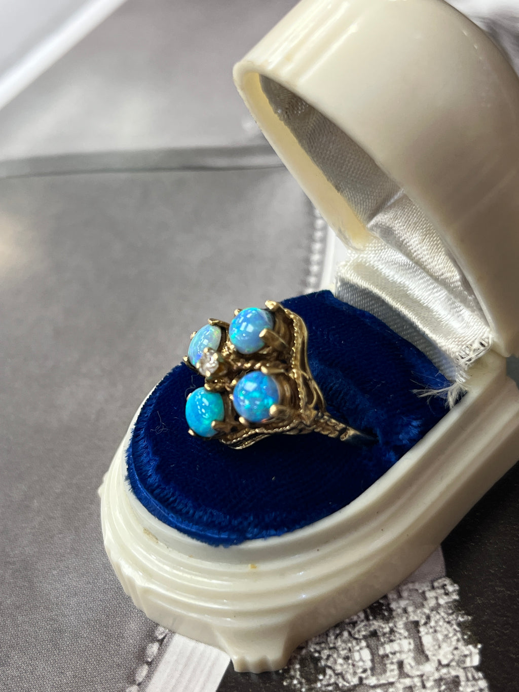 Vintage 14K Yellow Gold Australian Opal & Diamond Ring