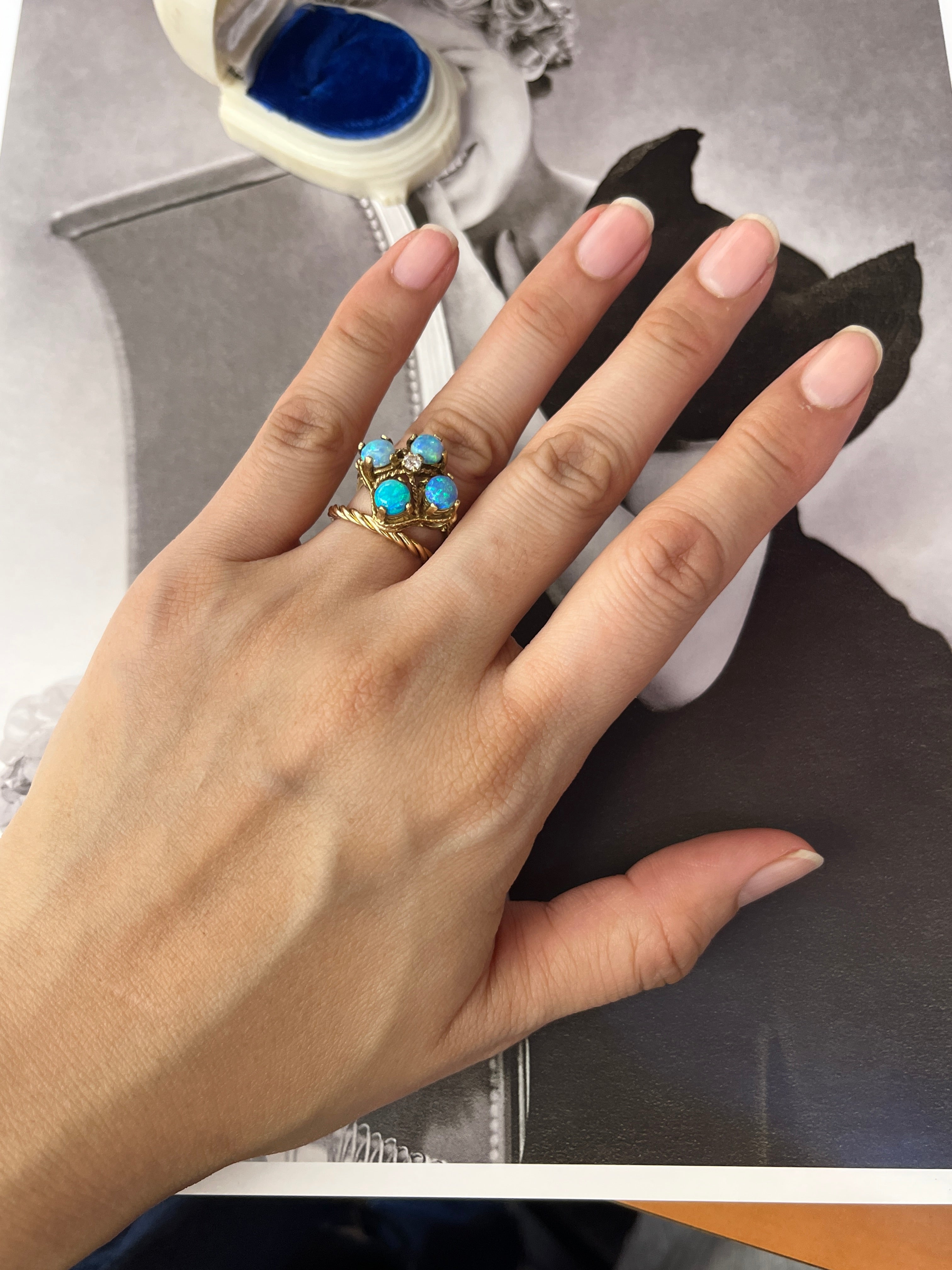 Vintage 14K Yellow Gold Australian Opal & Diamond Ring