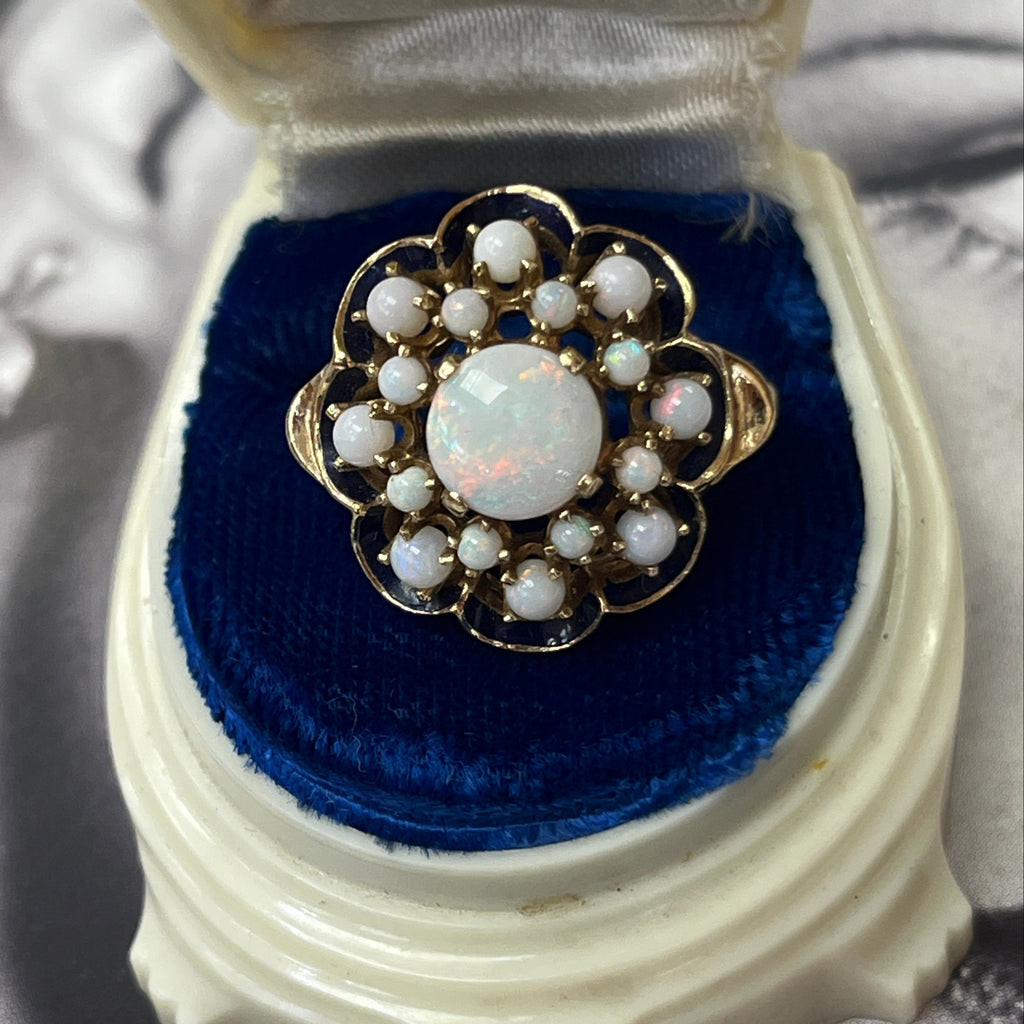 Antique 14K Yellow Gold Opal Black Enamel Cluster Ring