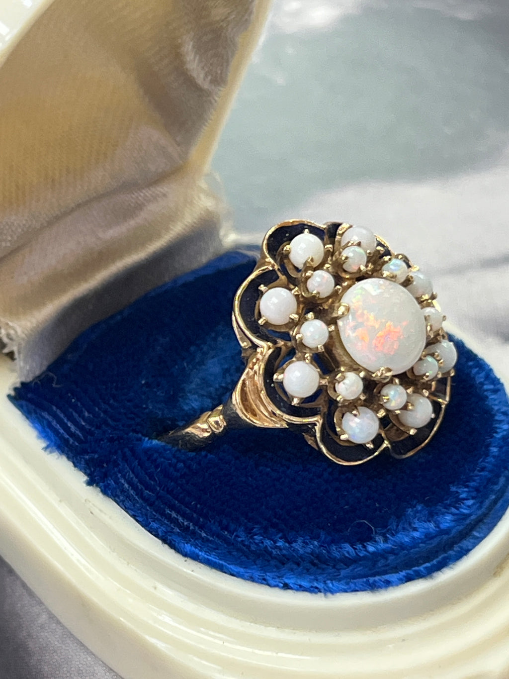 Antique 14K Yellow Gold Opal Black Enamel Cluster Ring