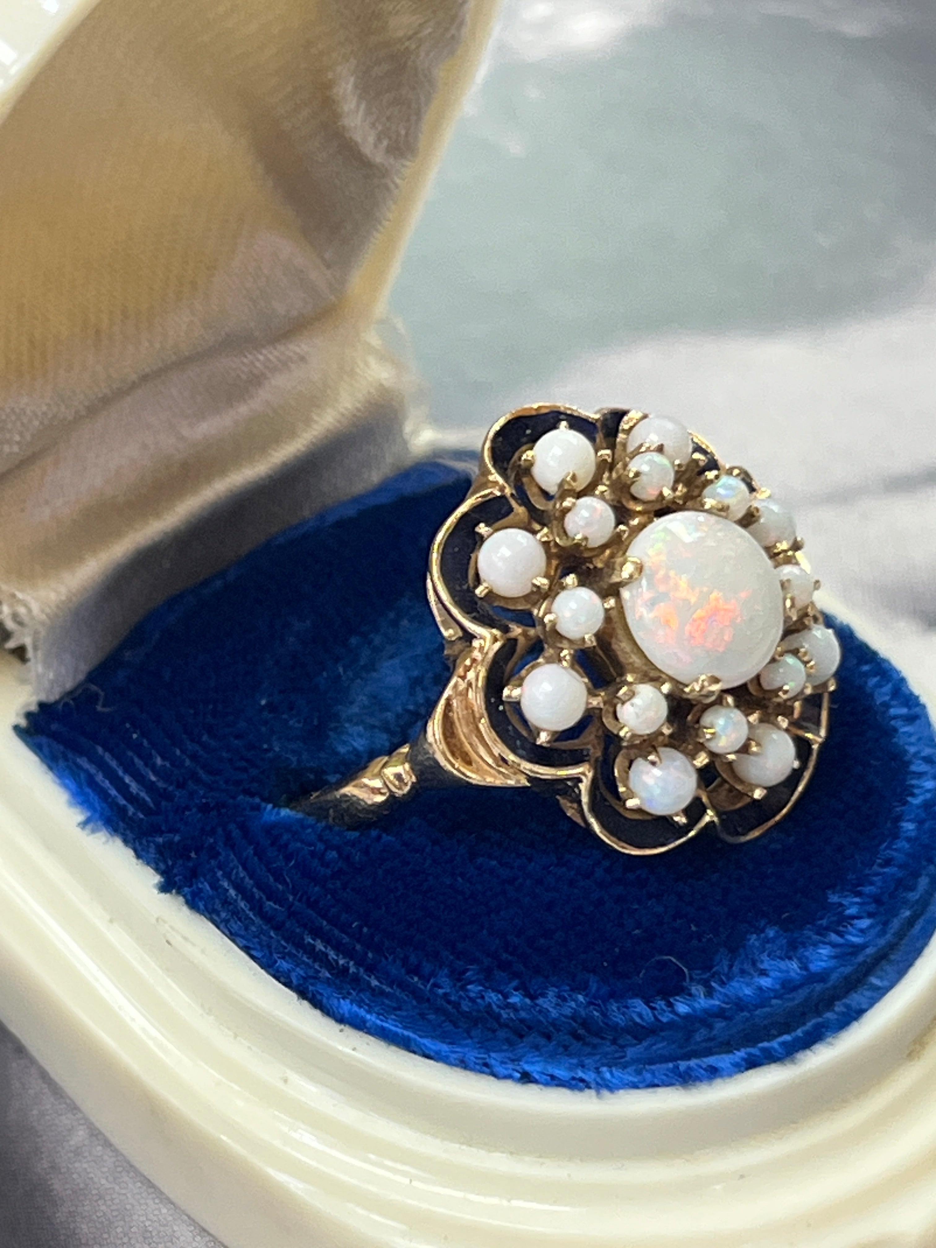 Antique 14K Yellow Gold Opal Black Enamel Cluster Ring