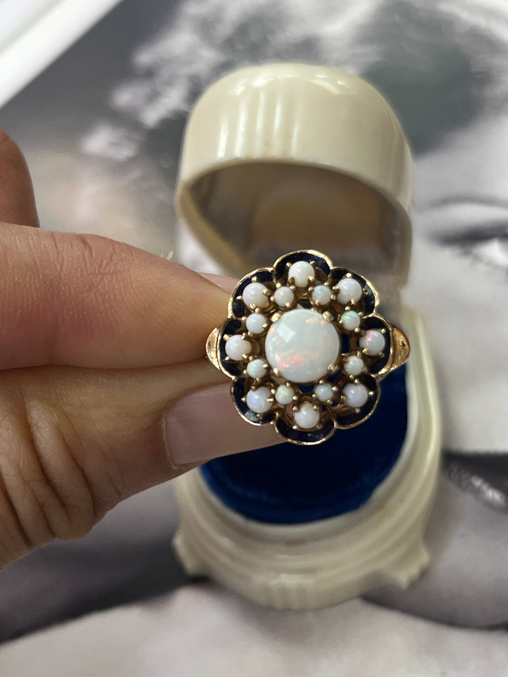 Antique 14K Yellow Gold Opal Black Enamel Cluster Ring
