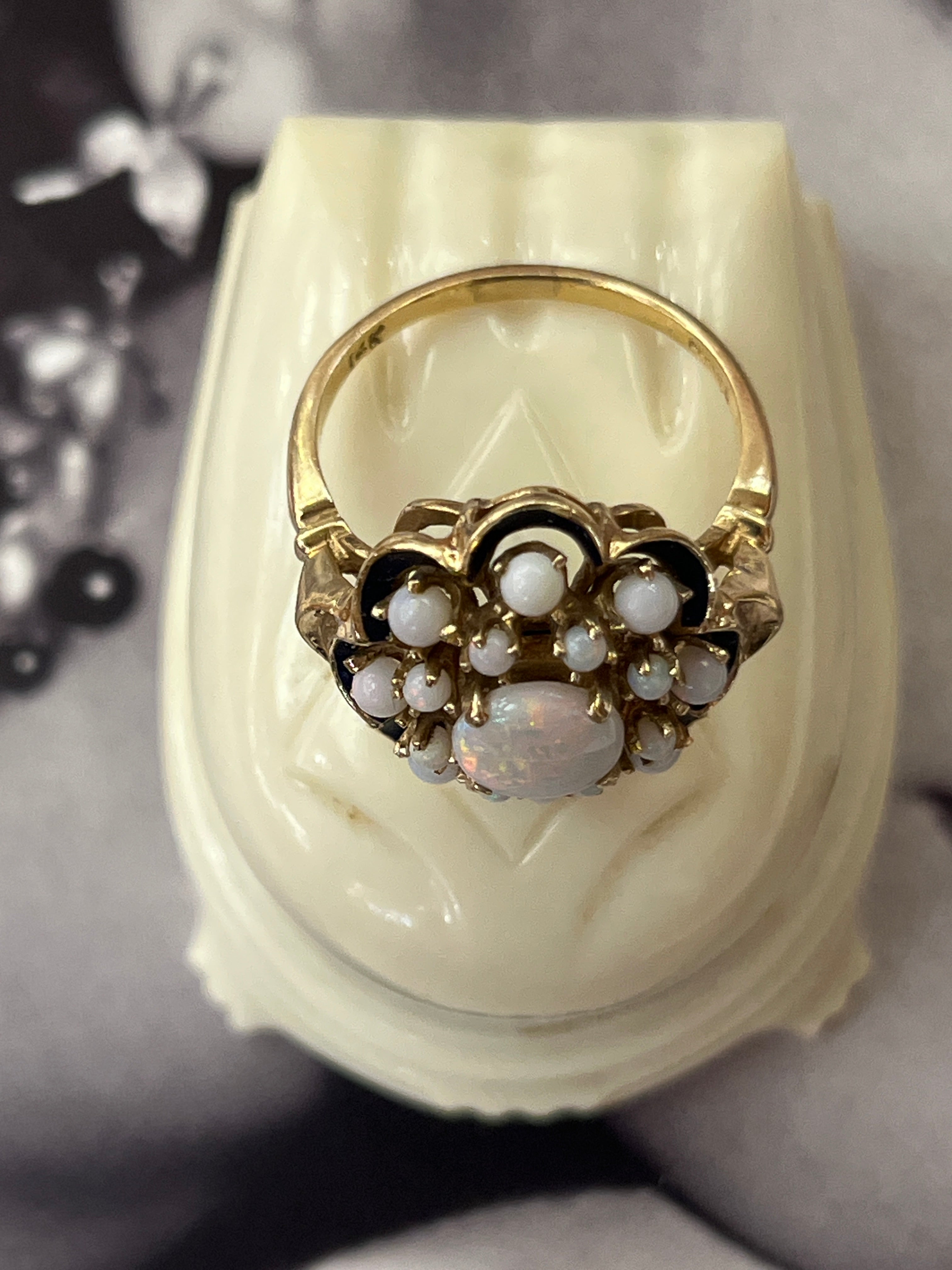 Antique 14K Yellow Gold Opal Black Enamel Cluster Ring