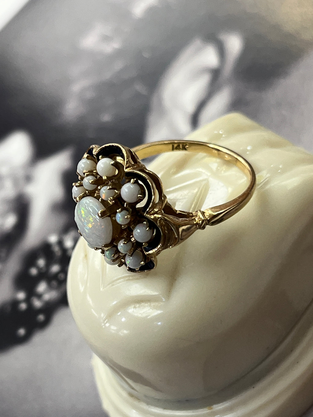 Antique 14K Yellow Gold Opal Black Enamel Cluster Ring