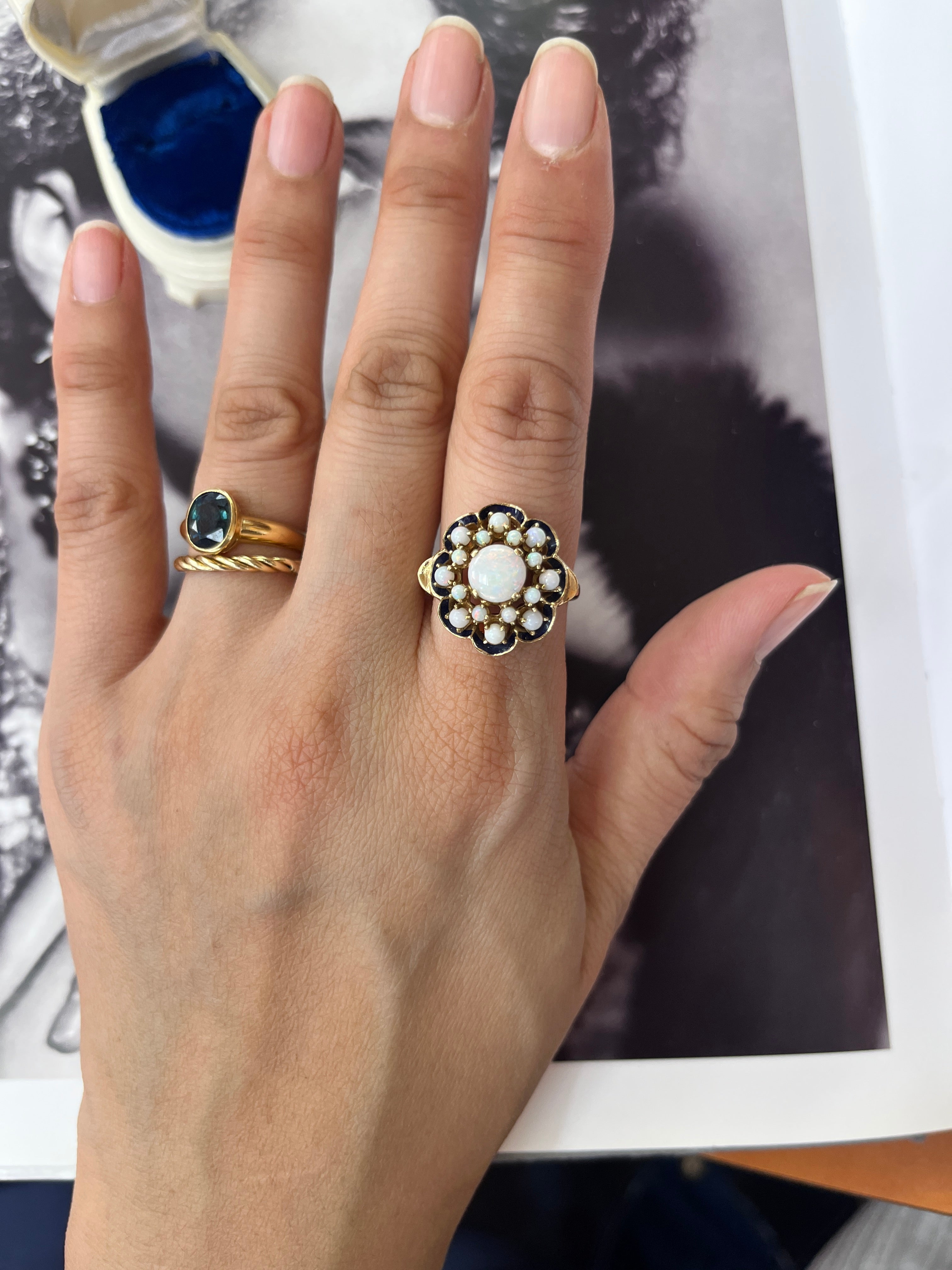Antique 14K Yellow Gold Opal Black Enamel Cluster Ring