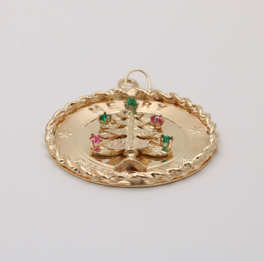 Vintage Merry Christmas 14K Yellow Gold Christmas Tree Charm Pendant
