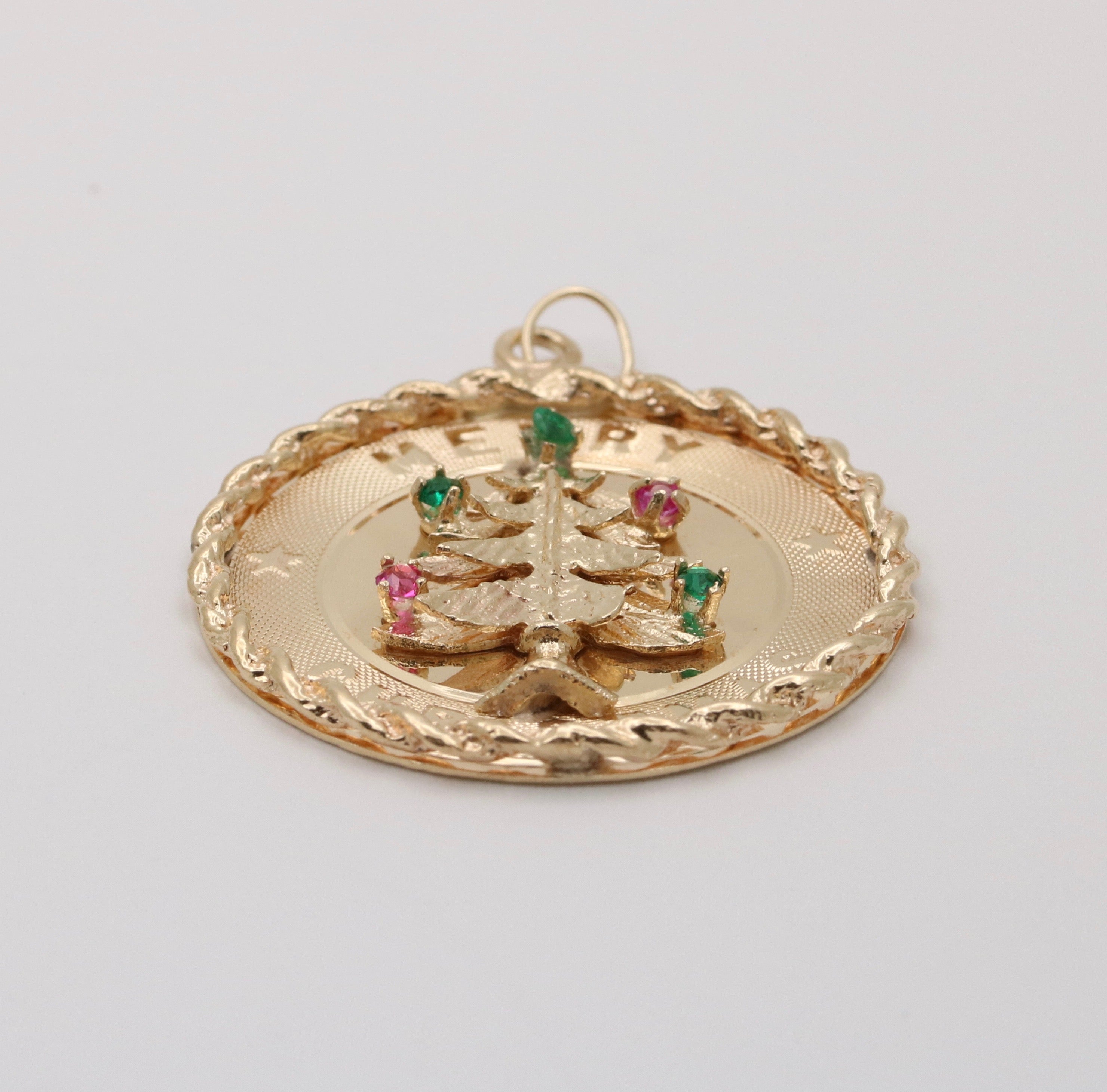 Vintage Merry Christmas 14K Yellow Gold Christmas Tree Charm Pendant