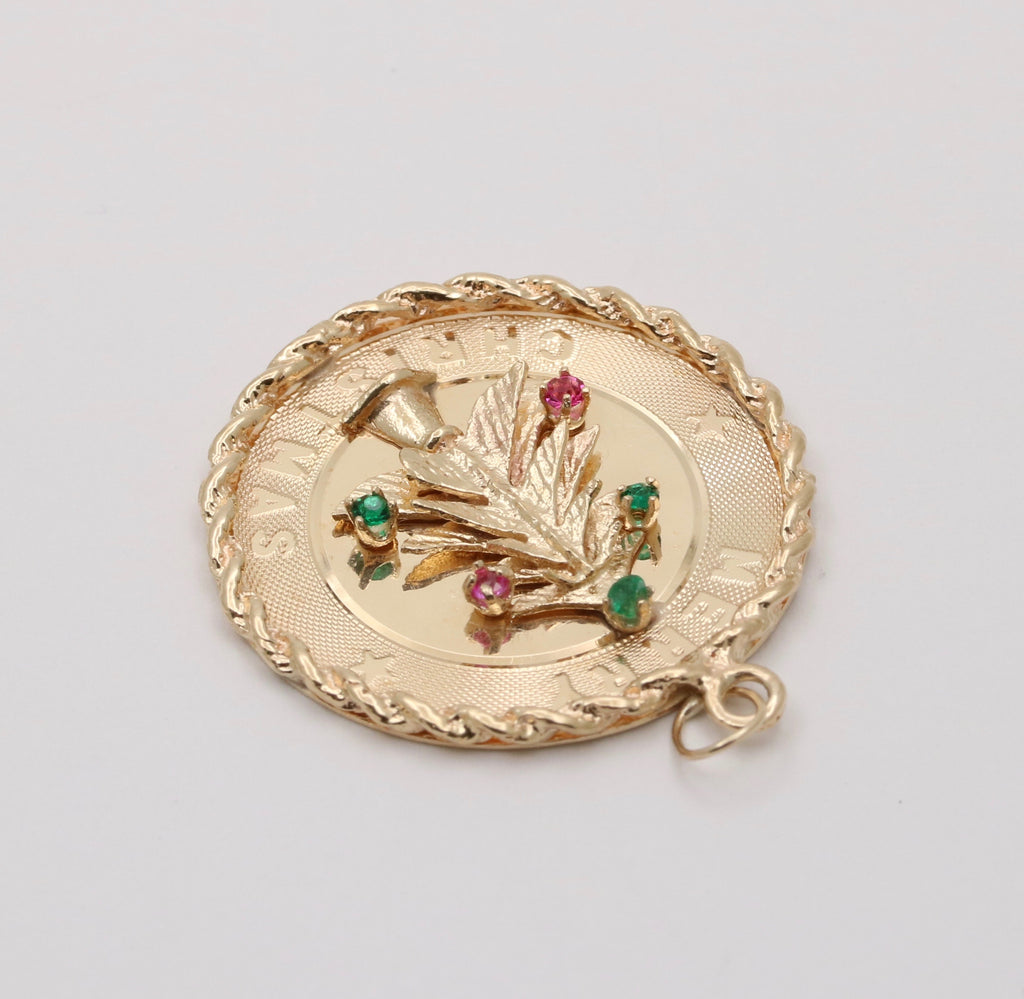 Vintage Merry Christmas 14K Yellow Gold Christmas Tree Charm Pendant