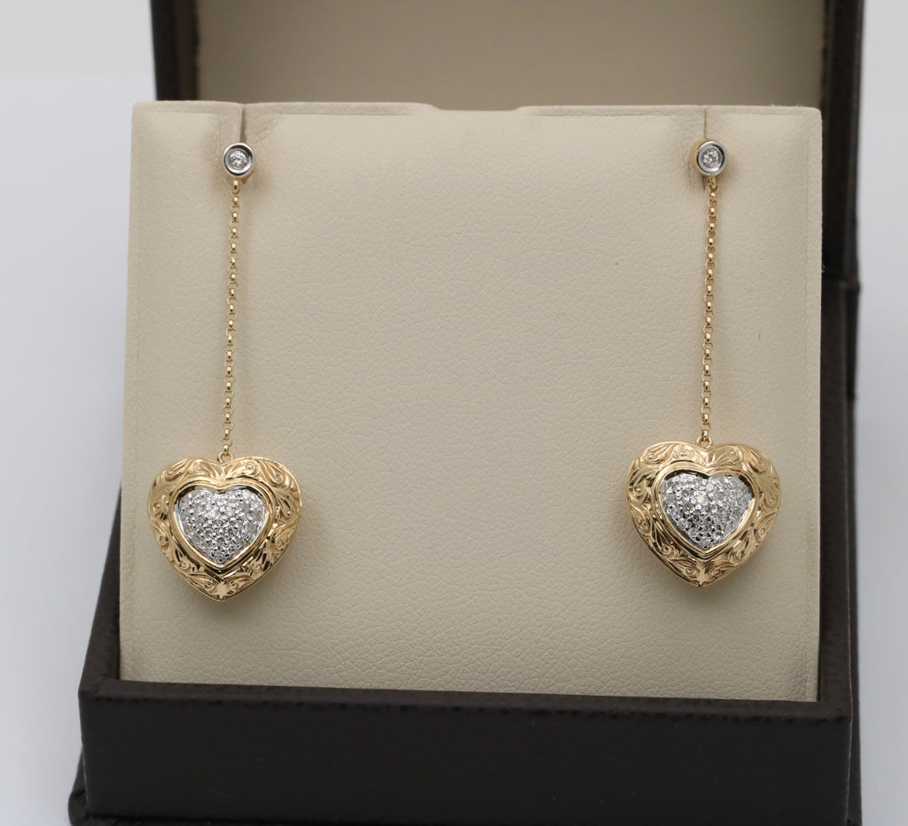 Vintage 14K Yellow Gold  & White Gold Puffed Heart Dangling Earrings.