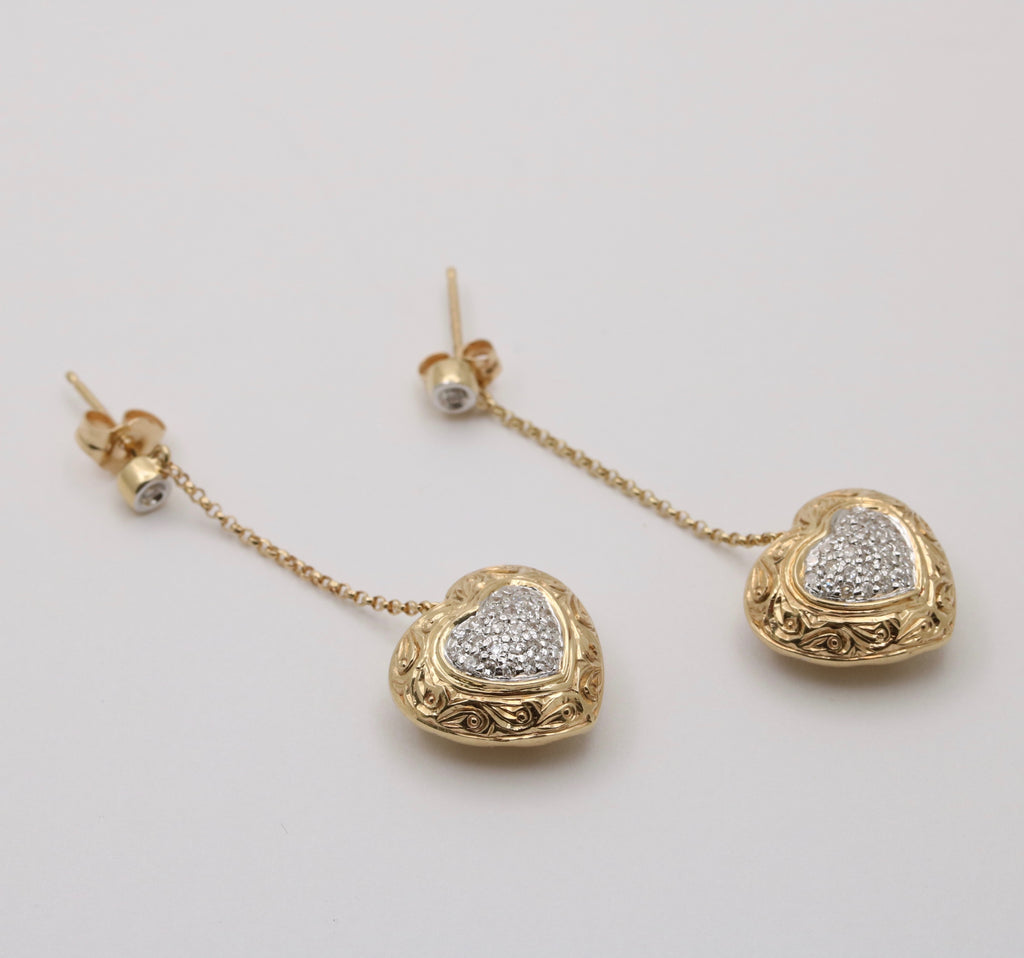 Vintage 14K Yellow Gold  & White Gold Puffed Heart Dangling Earrings.