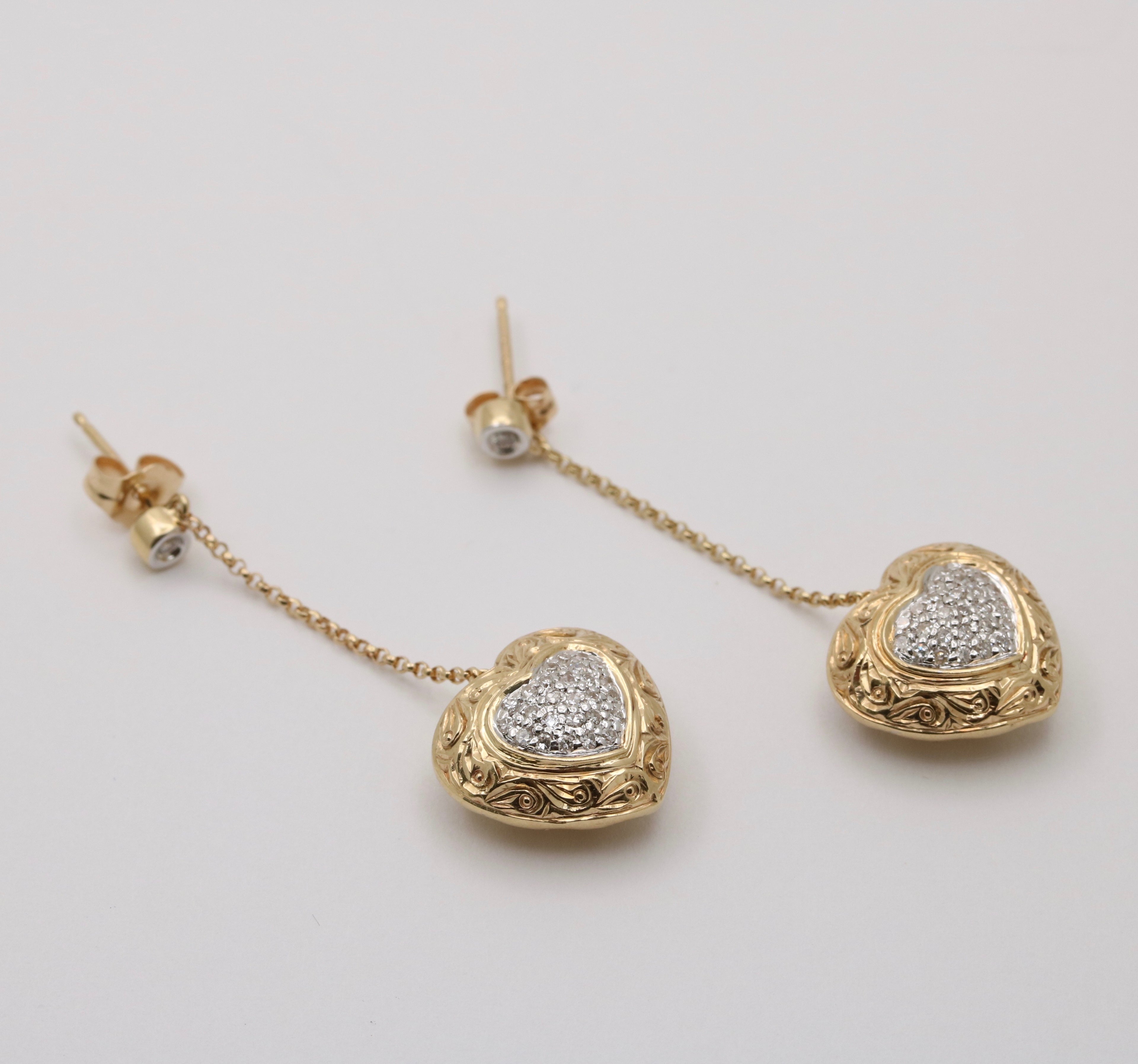 Vintage 14K Yellow Gold  & White Gold Puffed Heart Dangling Earrings.