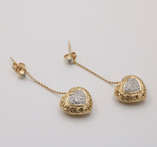 Load image into Gallery viewer, Vintage 14K Yellow Gold  &amp; White Gold Puffed Heart Dangling Earrings.
