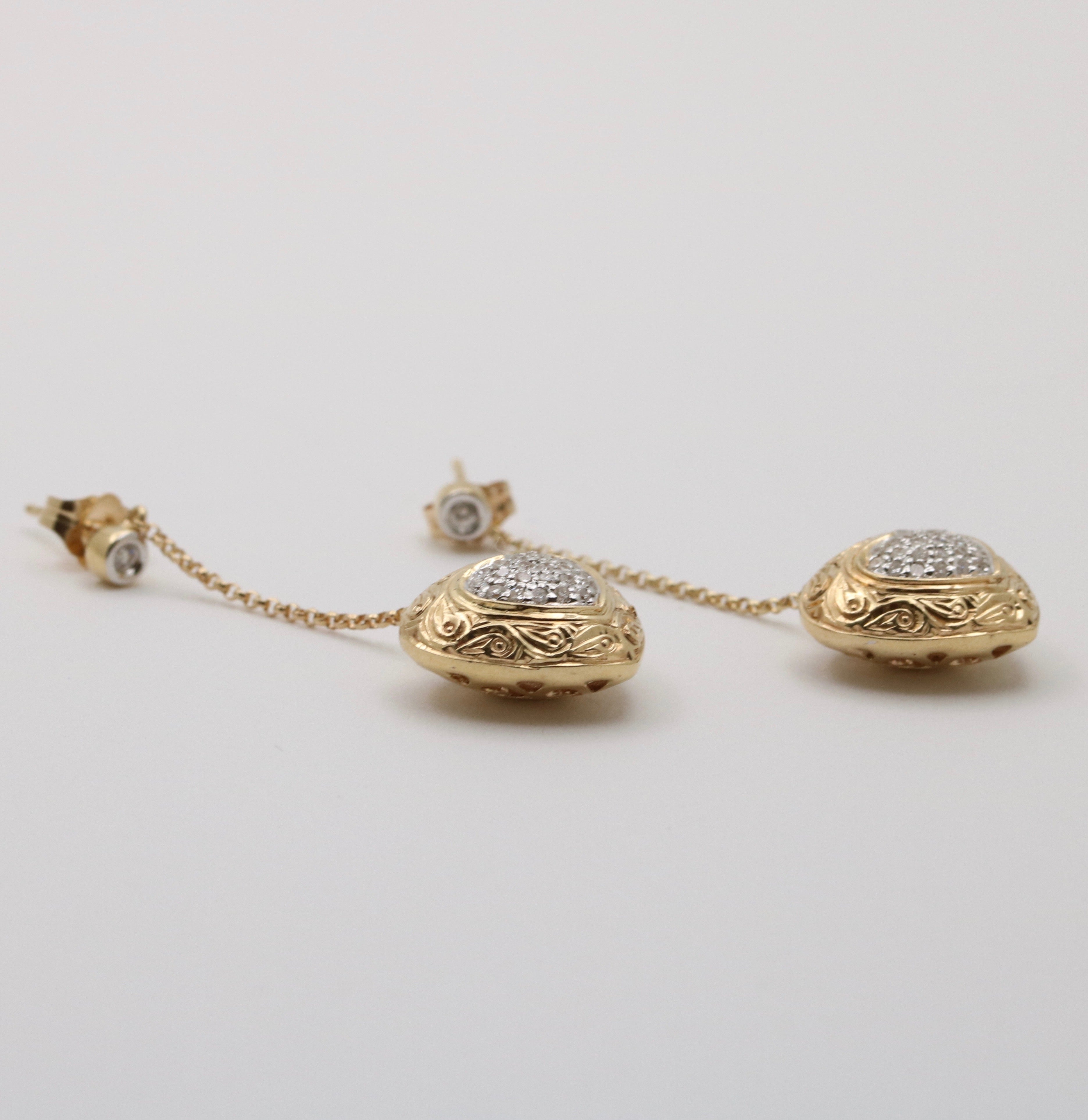 Vintage 14K Yellow Gold  & White Gold Puffed Heart Dangling Earrings.