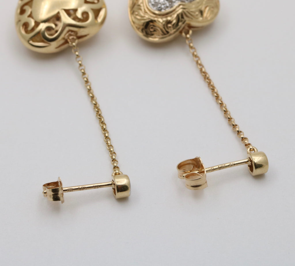 Vintage 14K Yellow Gold  & White Gold Puffed Heart Dangling Earrings.