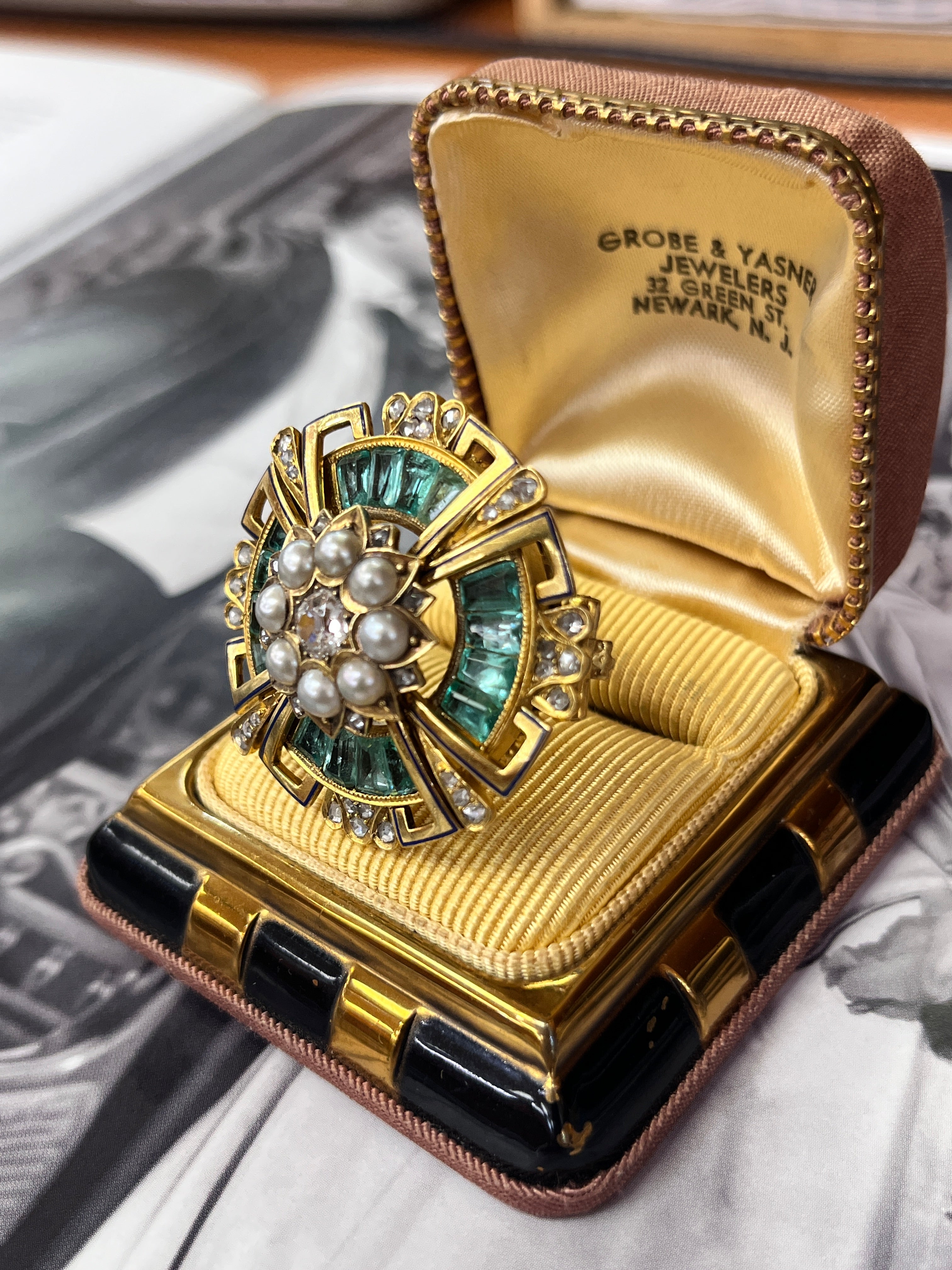 Antique 14K Yellow Gold Emerald, Diamond and Pearl Brooch