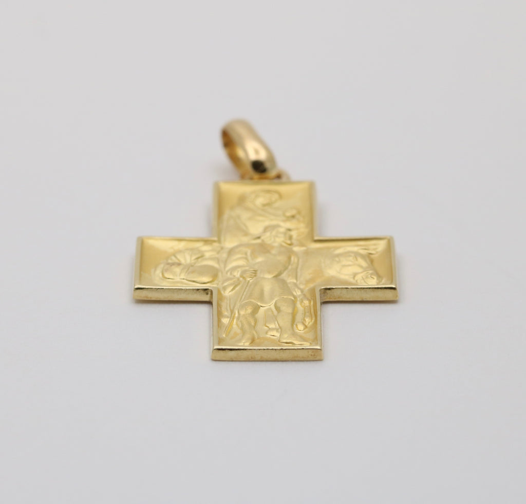 Vintage 18K Yellow Gold Mary & Jesus Cross Charm Pendant