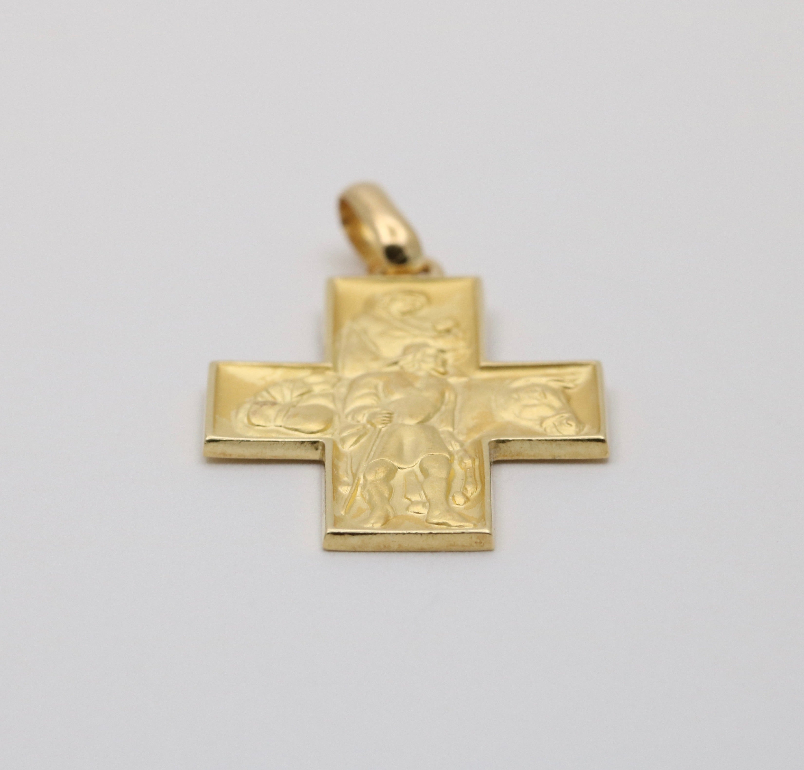 Vintage 18K Yellow Gold Mary & Jesus Cross Charm Pendant