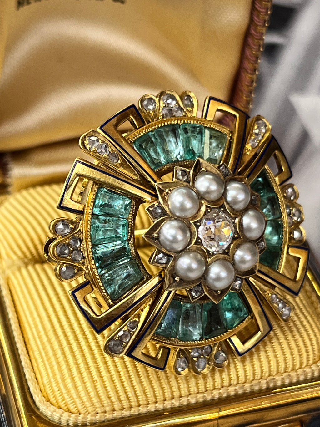 Antique 14K Yellow Gold Emerald, Diamond and Pearl Brooch