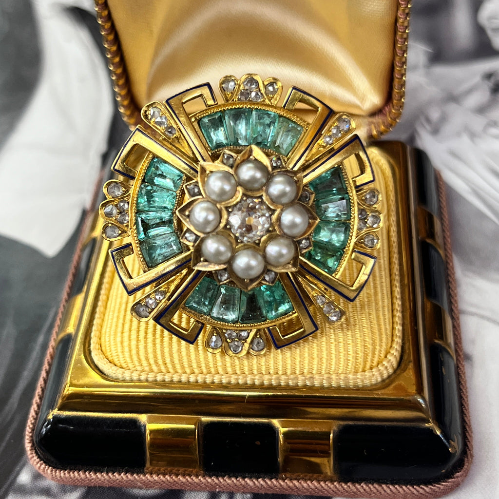 Antique 14K Yellow Gold Emerald, Diamond and Pearl Brooch
