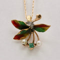 Vintage 14K Yellow Gold Floral Motif Emerald, Pearl & Enamel Charm