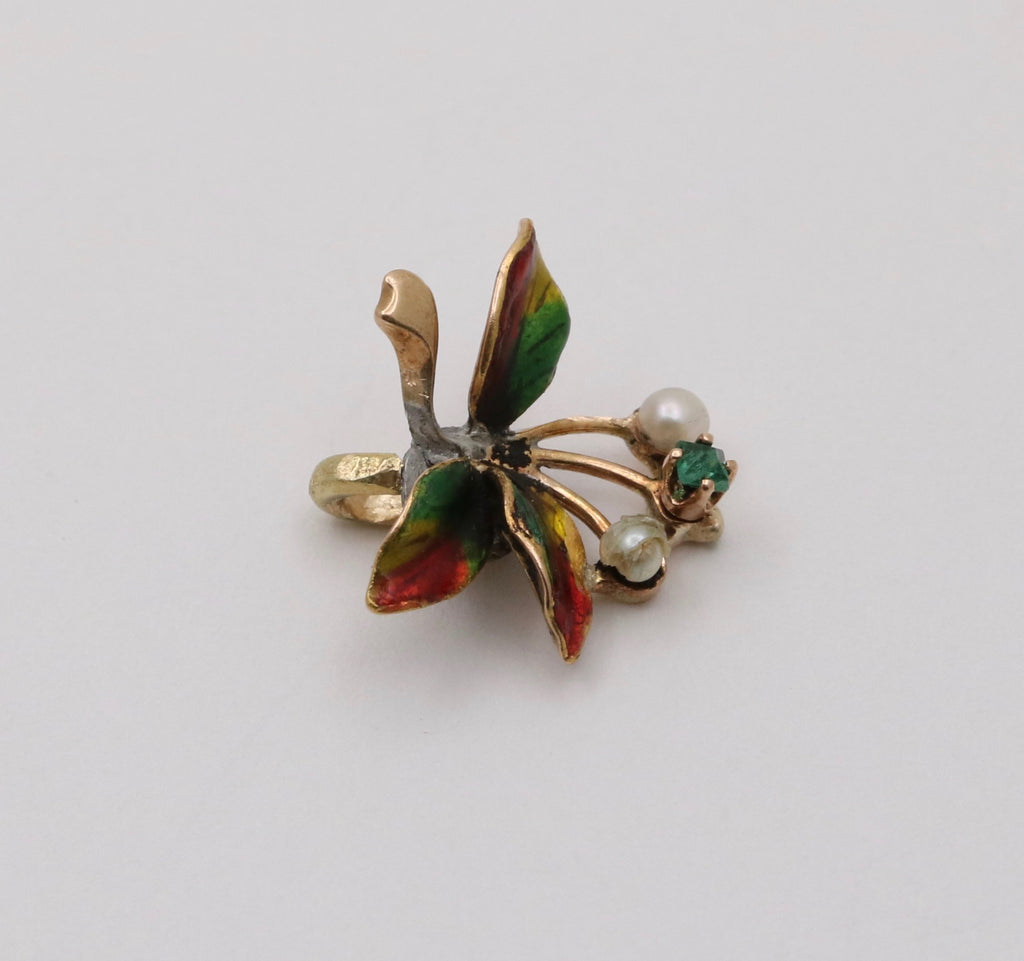 Vintage 14K Yellow Gold Floral Motif Emerald, Pearl & Enamel Charm
