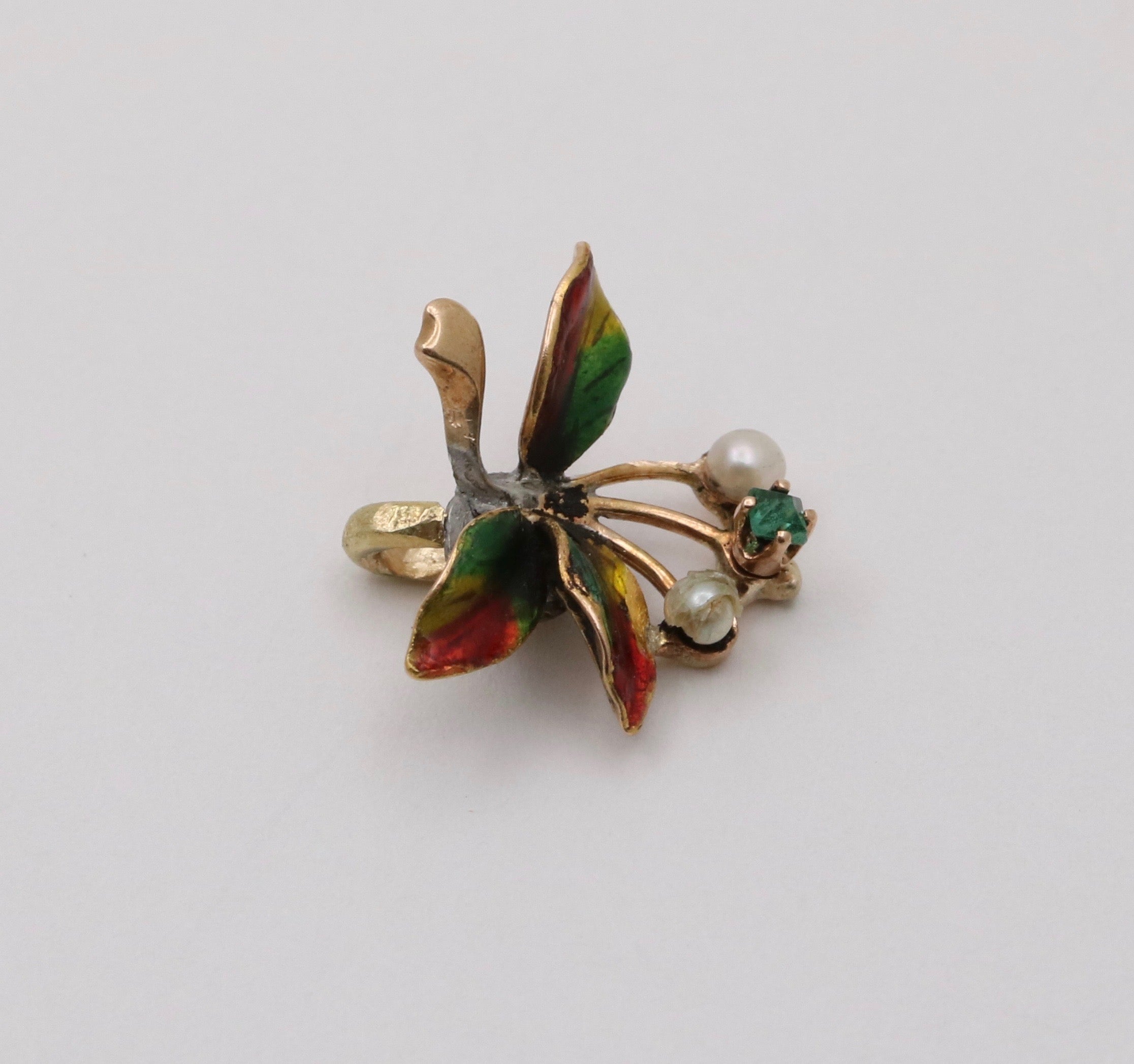 Vintage 14K Yellow Gold Floral Motif Emerald, Pearl & Enamel Charm