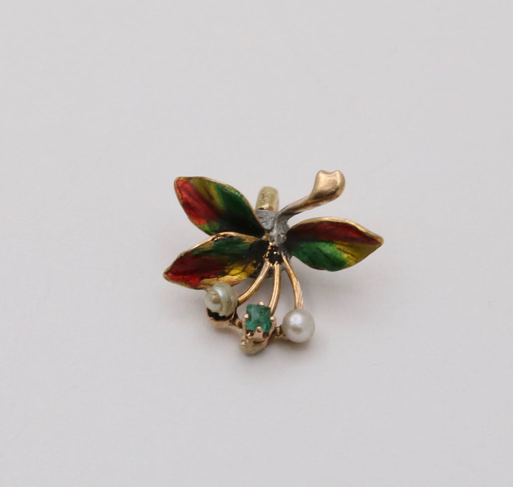 Vintage 14K Yellow Gold Floral Motif Emerald, Pearl & Enamel Charm