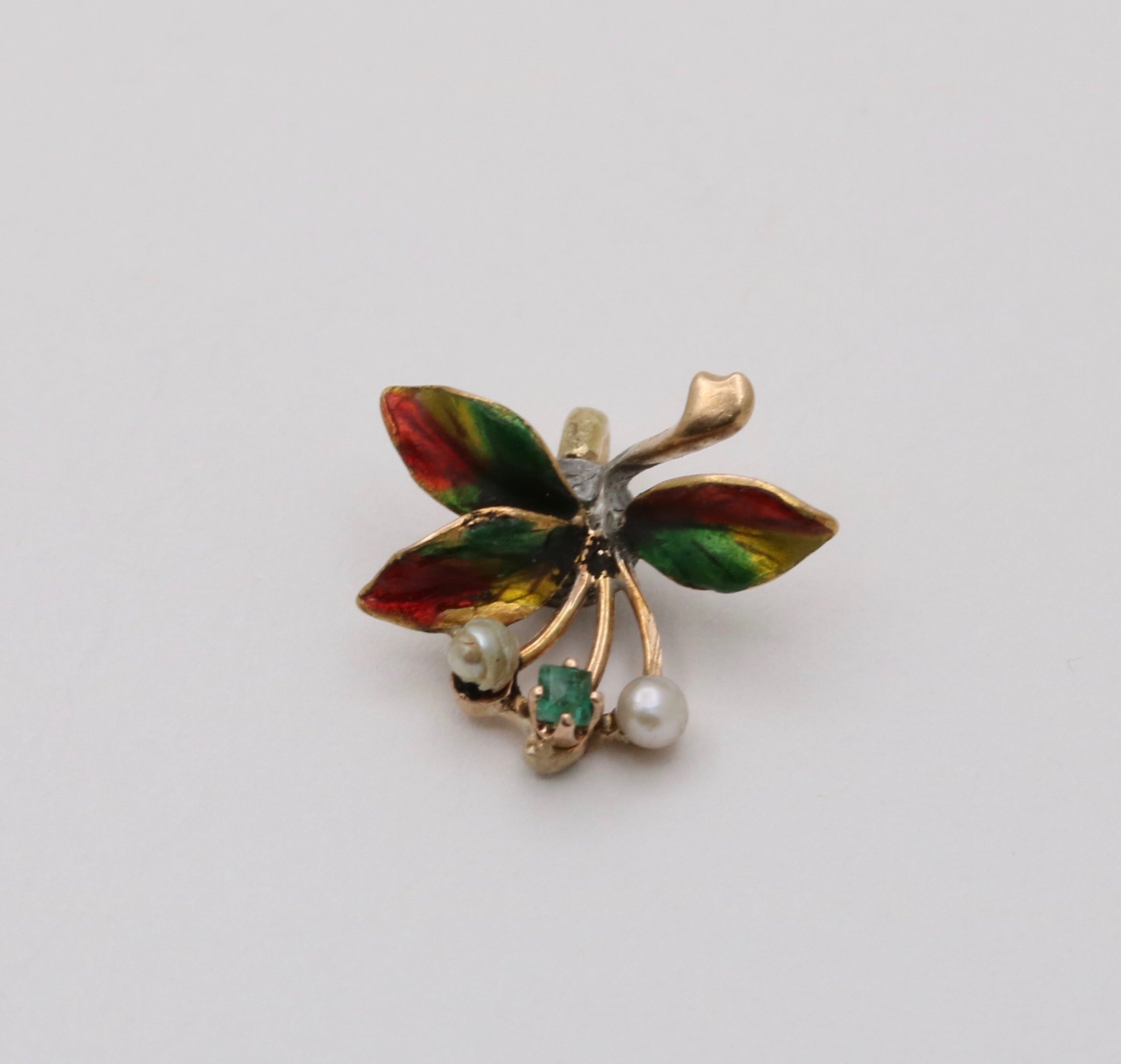 Vintage 14K Yellow Gold Floral Motif Emerald, Pearl & Enamel Charm