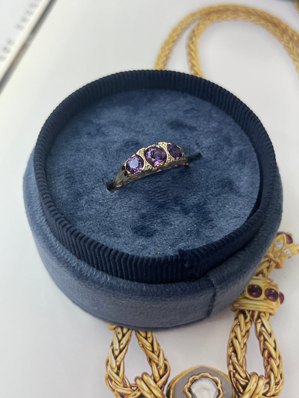 Victorian 14K Yellow Gold Three Stones Amethyst & Diamond Ring