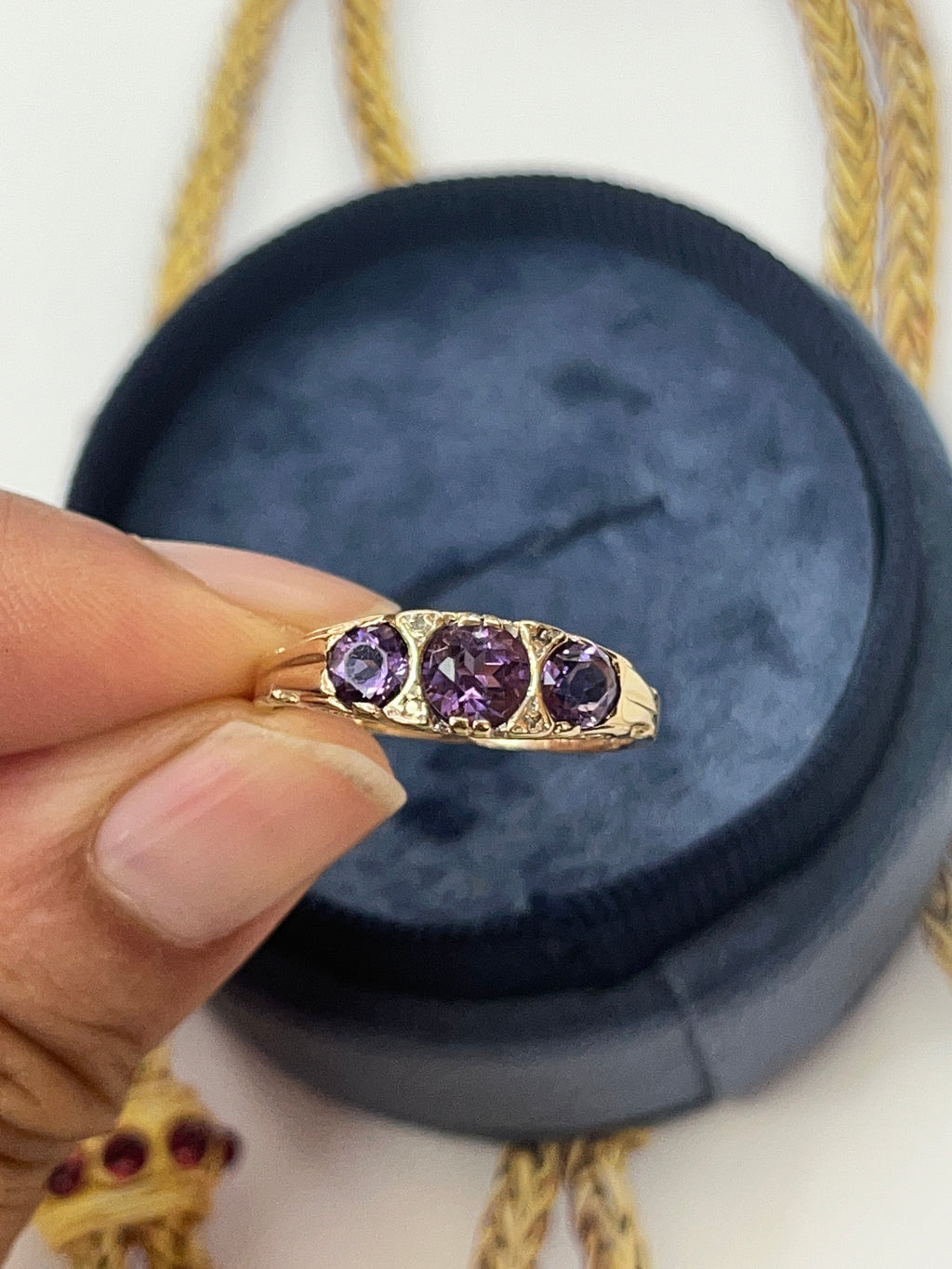 Victorian 14K Yellow Gold Three Stones Amethyst & Diamond Ring