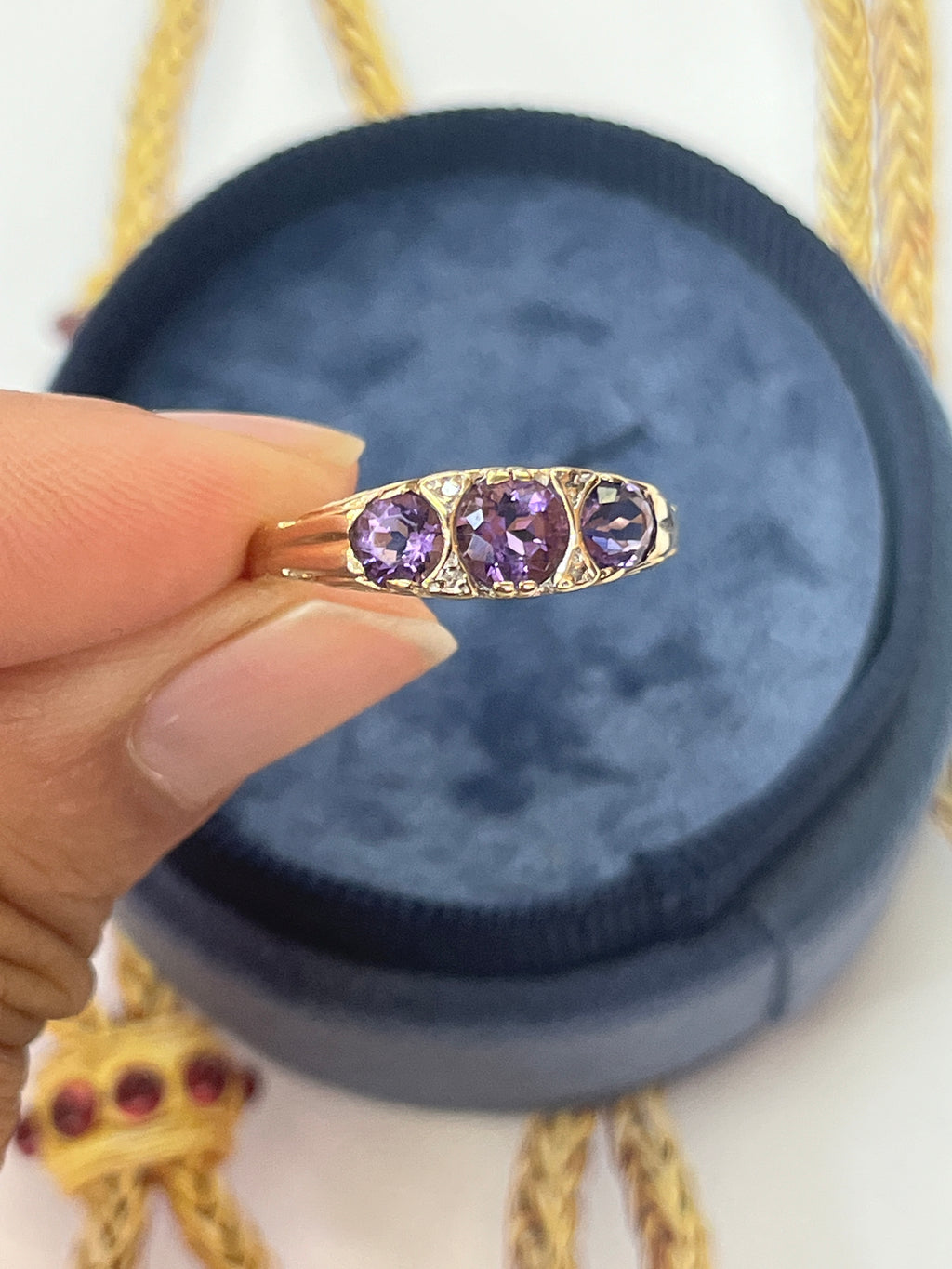Victorian 14K Yellow Gold Three Stones Amethyst & Diamond Ring