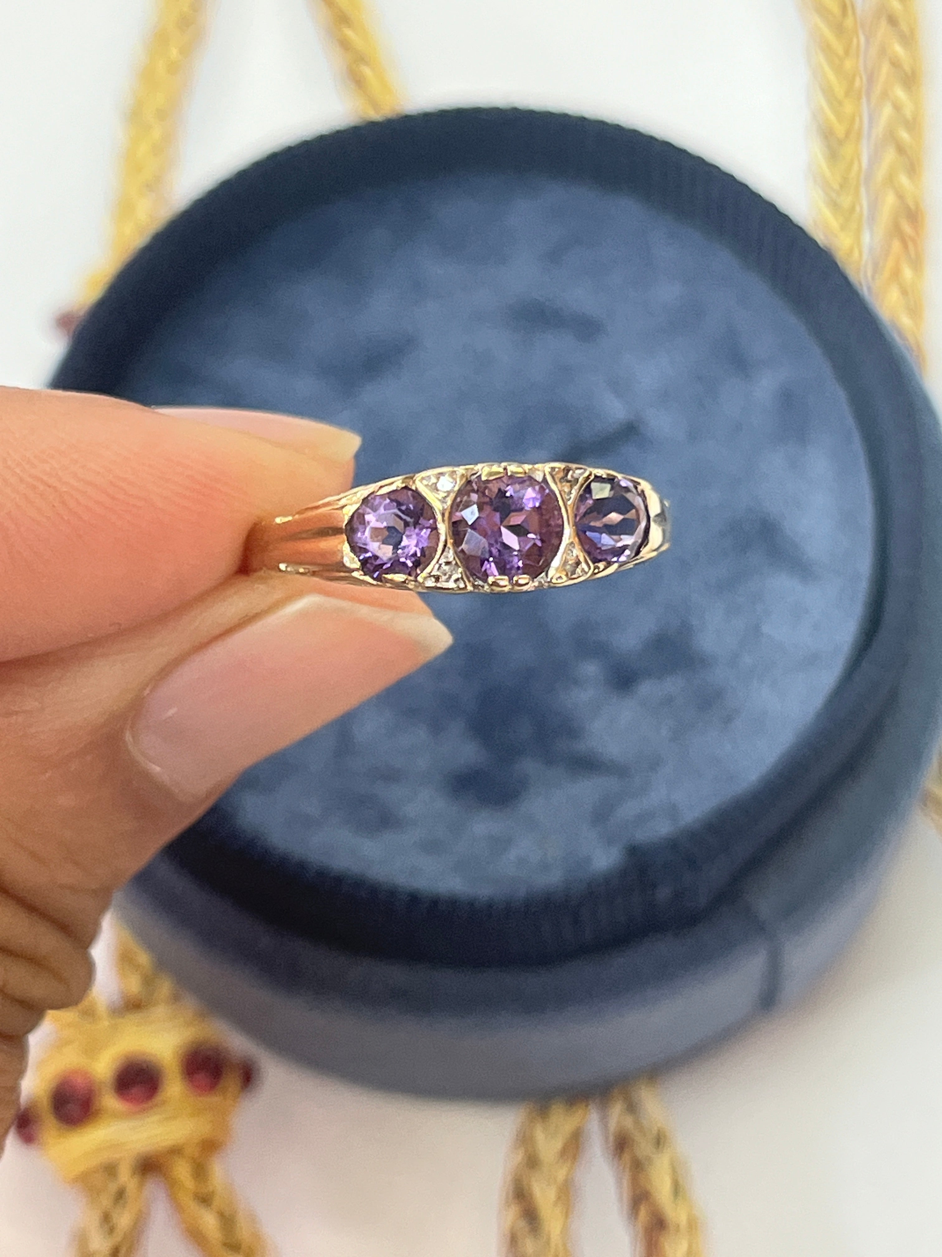 Victorian 14K Yellow Gold Three Stones Amethyst & Diamond Ring