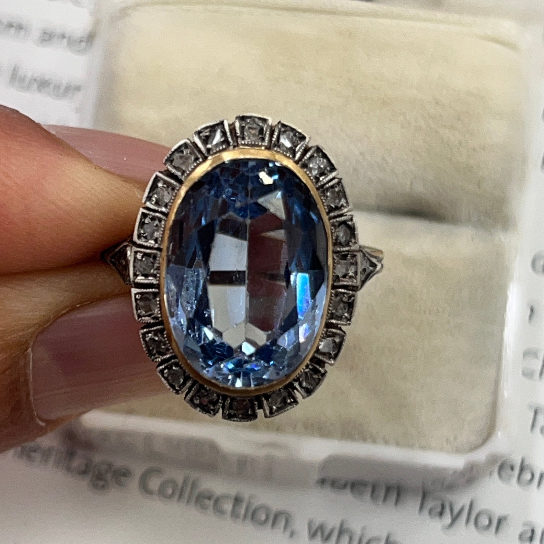 Vintage Portugal 14K Yellow Gold & Silver Synthetic Spinel and Diamond Ring.