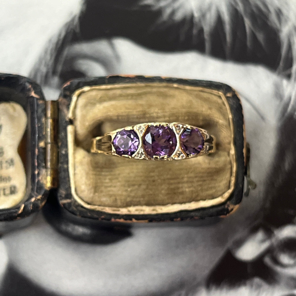 Victorian 14K Yellow Gold Three Stones Amethyst & Diamond Ring