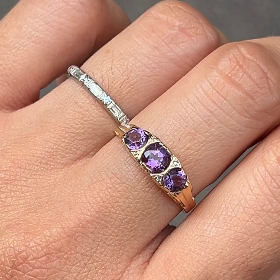 Victorian 14K Yellow Gold Three Stones Amethyst & Diamond Ring