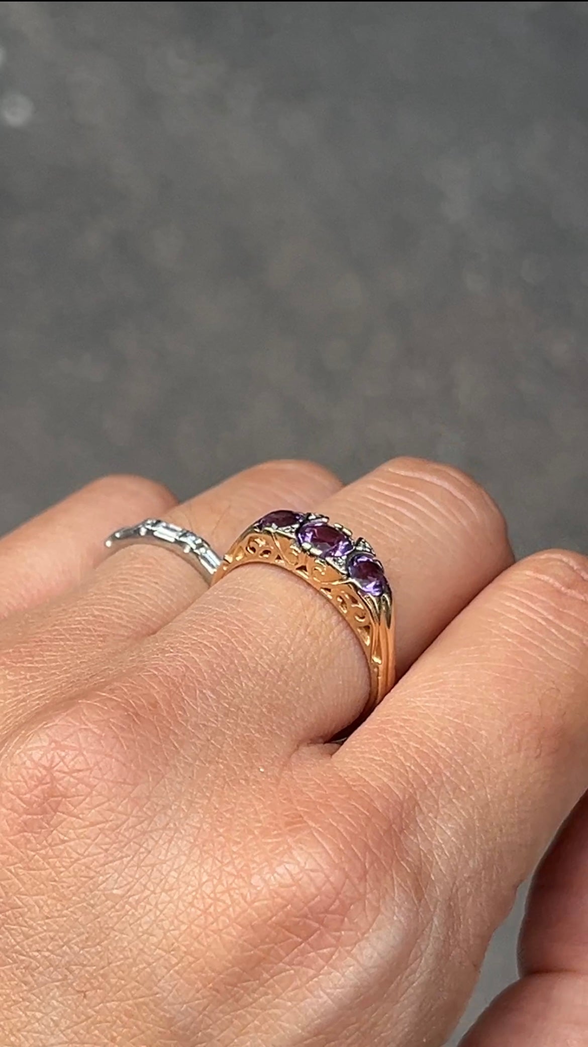 Victorian 14K Yellow Gold Three Stones Amethyst & Diamond Ring