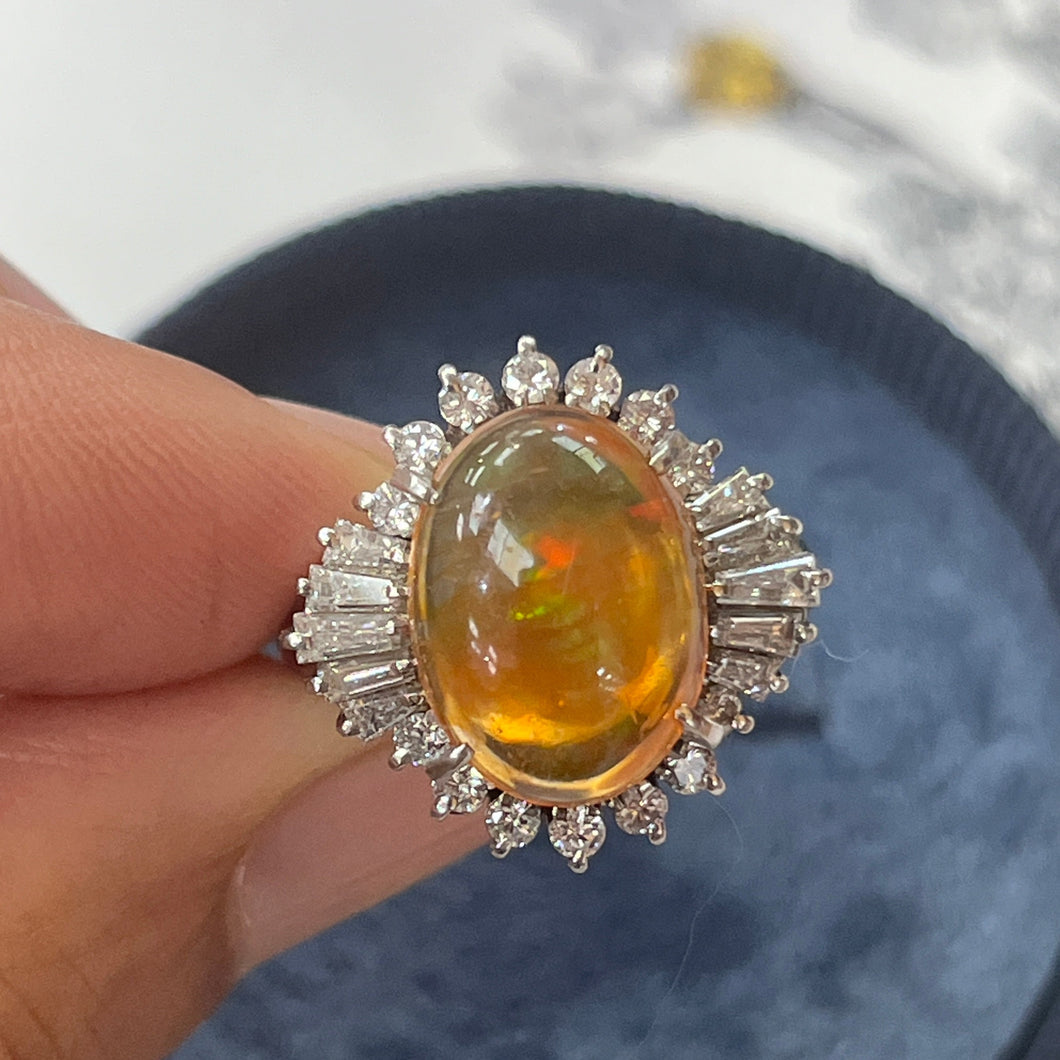 Vintage Platinum Fire Opal Diamond Ring, Statement Ring