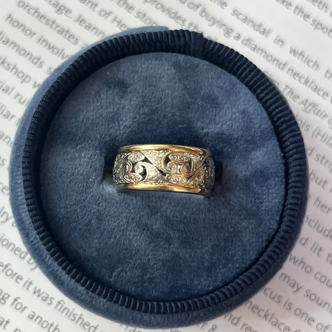 Vintage White & Yellow Gold Filigree Wide Band